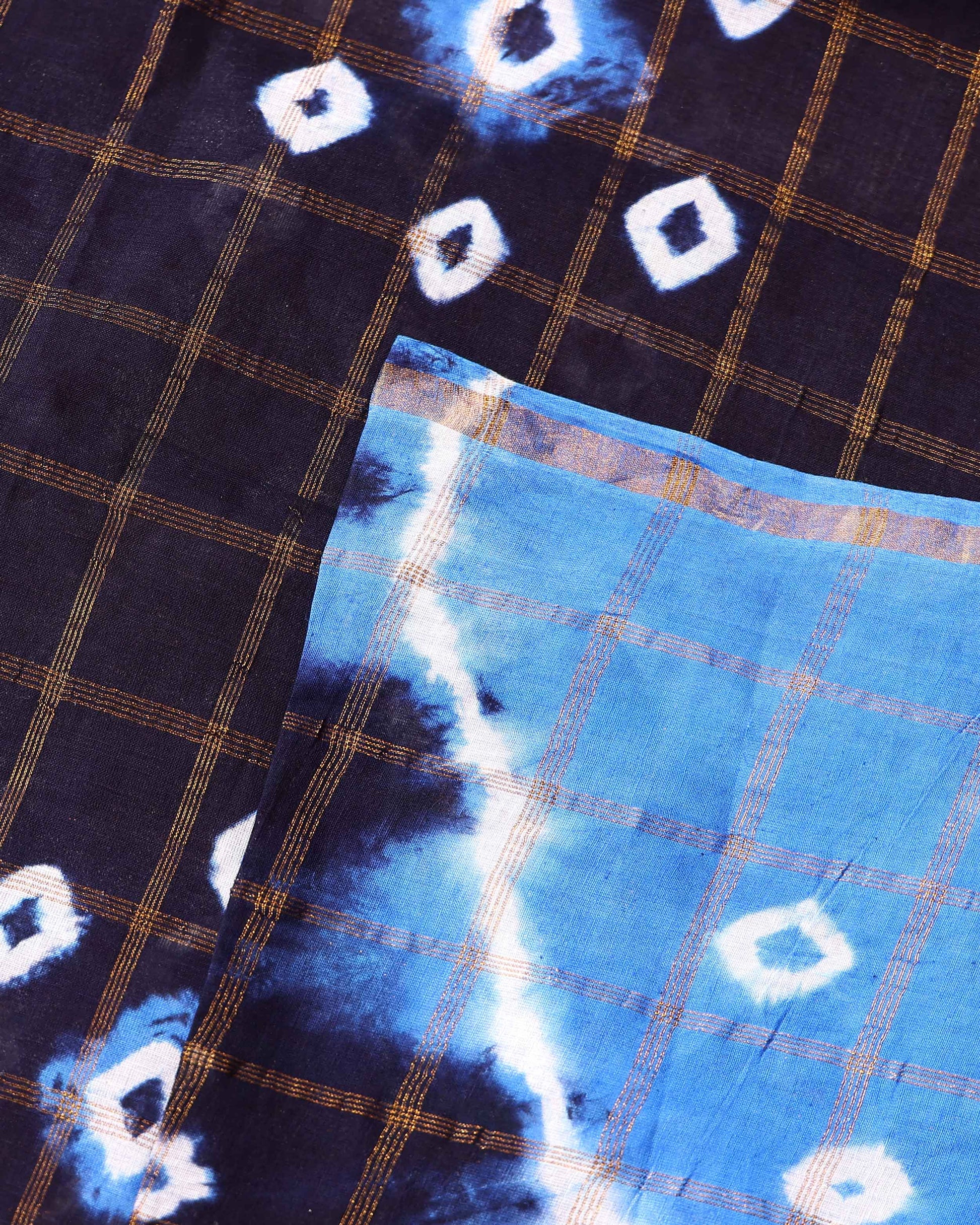 Elegant Handcrafted Sungudi Cotton Saree with Check Pattern and Bandhani Dots  - Navy Blue