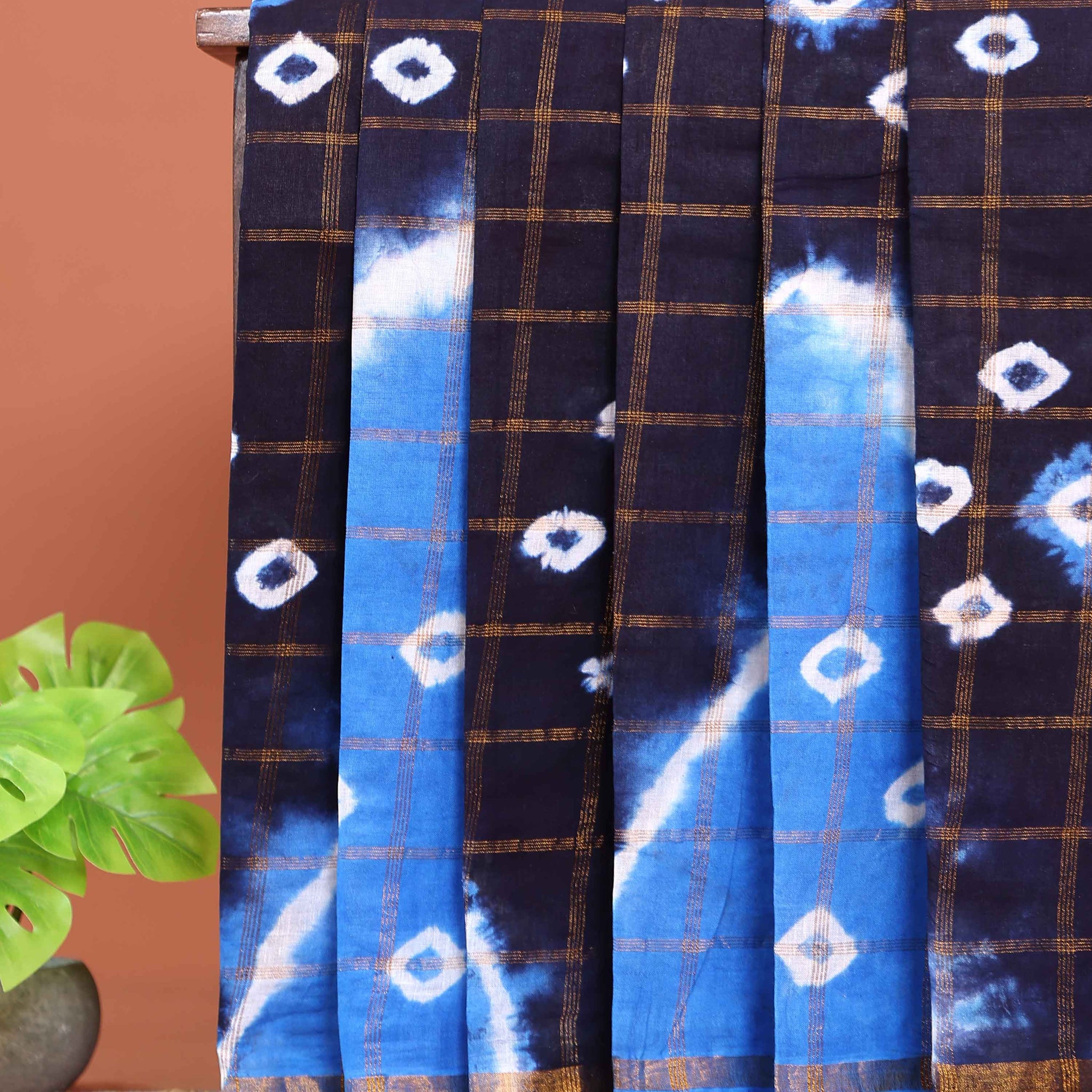 Elegant Handcrafted Sungudi Cotton Saree with Check Pattern and Bandhani Dots  - Navy Blue