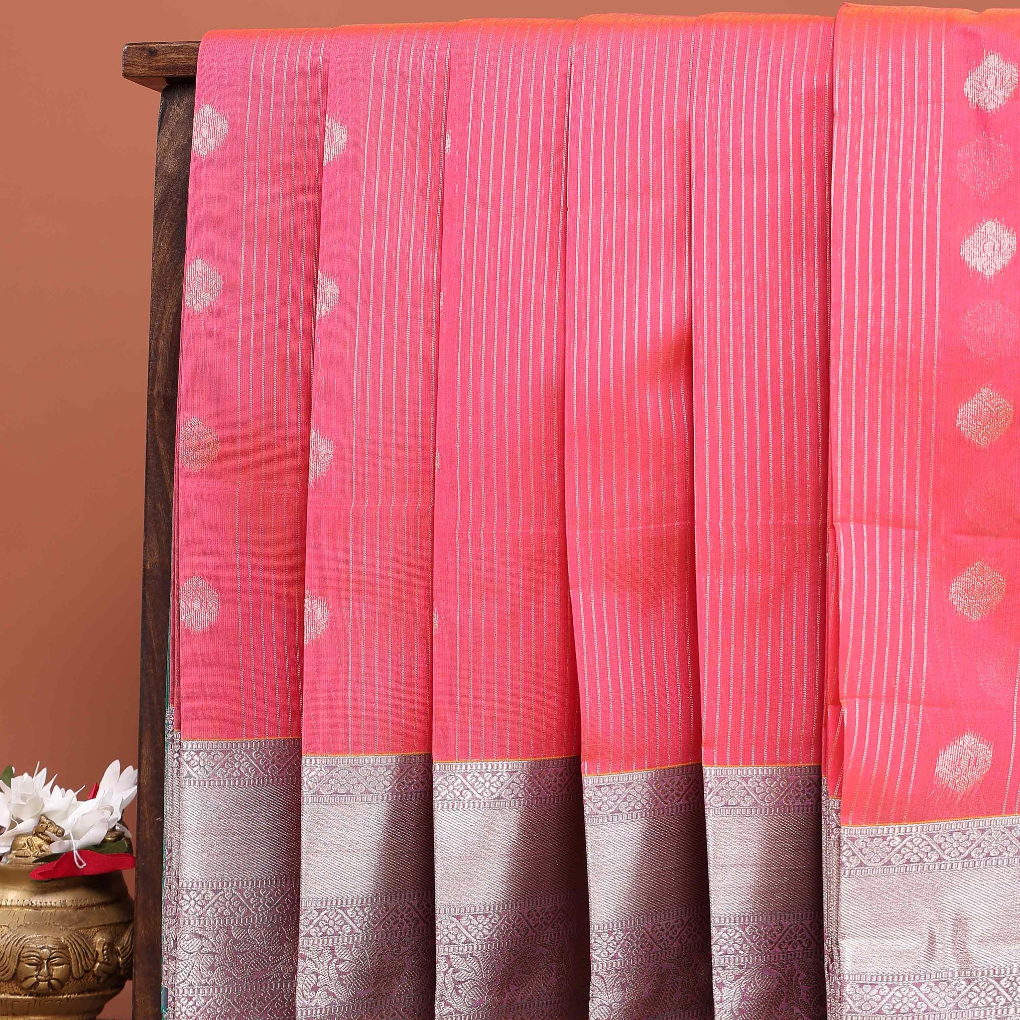 Elegant Handloom Elampillai Silk Cotton Saree Intricate Zari Motifs and Contrast Border  - Pink