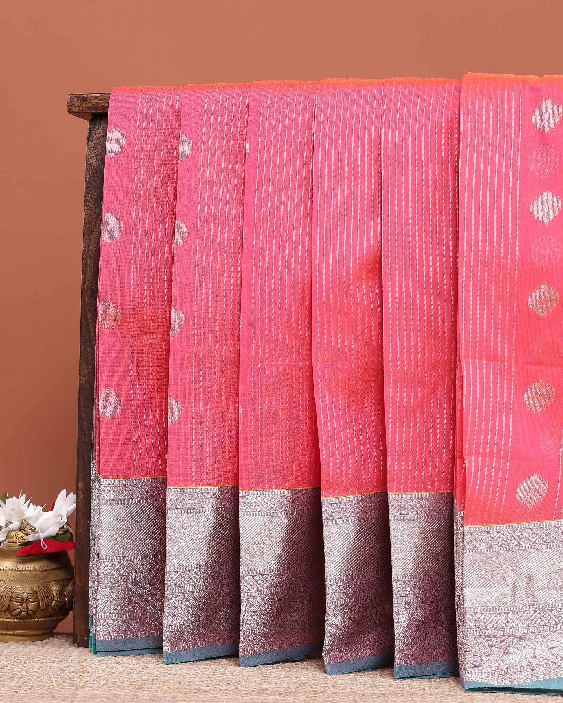 Elegant Handloom Elampillai Silk Cotton Saree Intricate Zari Motifs and Contrast Border  - Pink