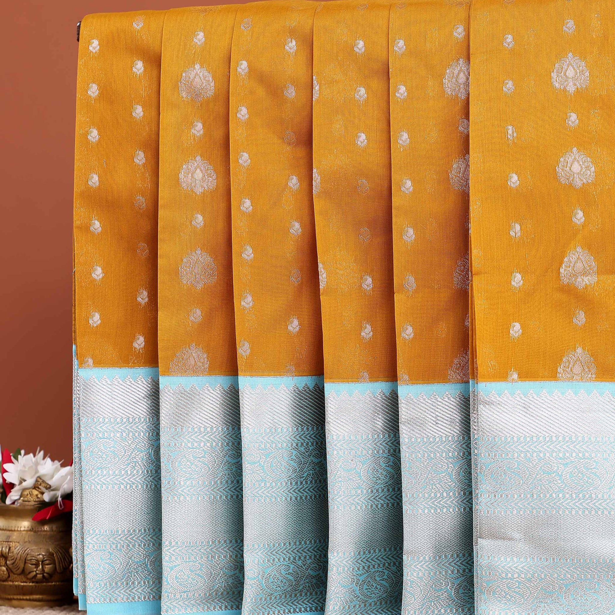Elegant Handloom Elampillai Silk Cotton Saree with Butta Body and Contrast Zari Border - Mustard