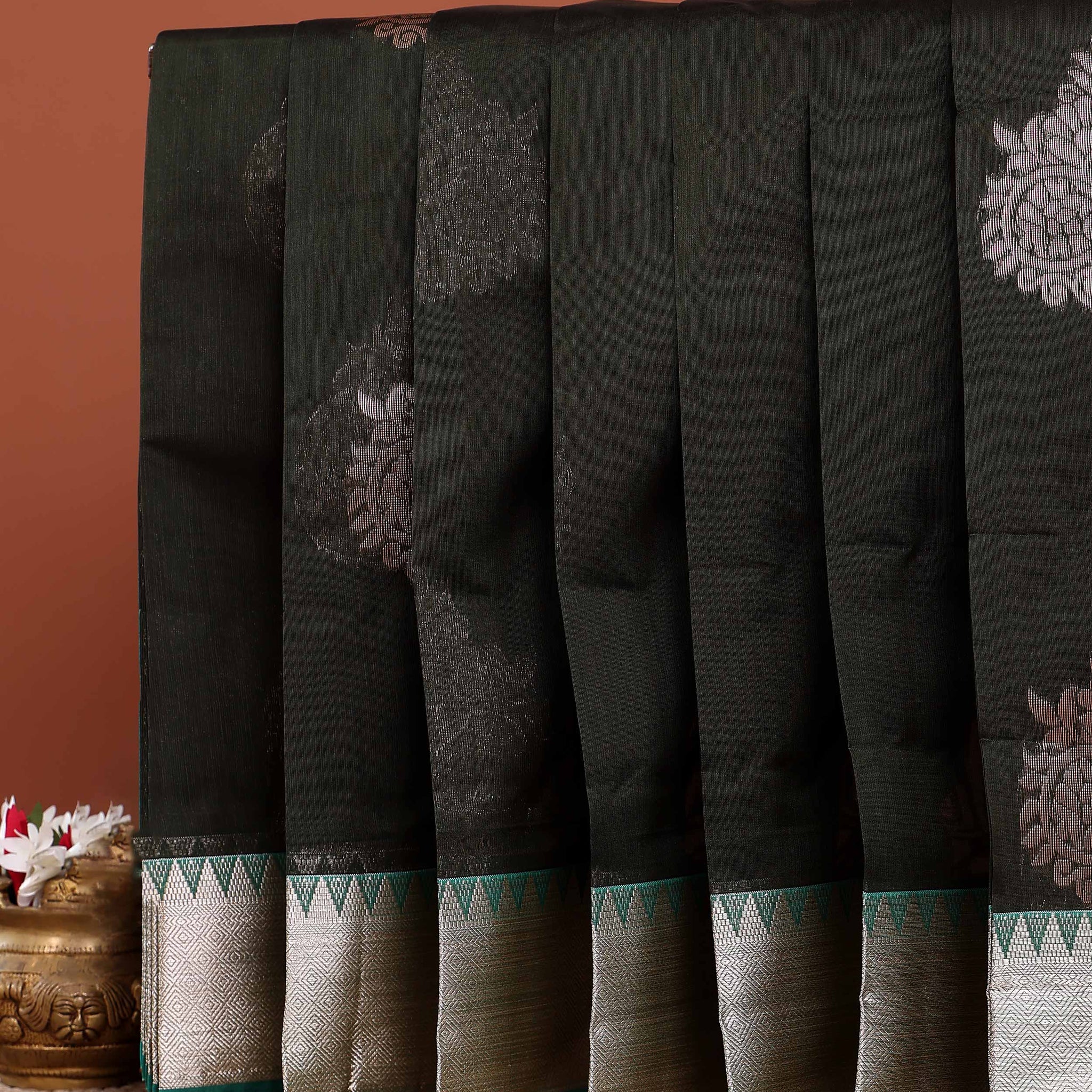 Elegant Handloom Elampillai Silk Cotton Saree with Woven Motifs and Temple Border Detail - Dark Green