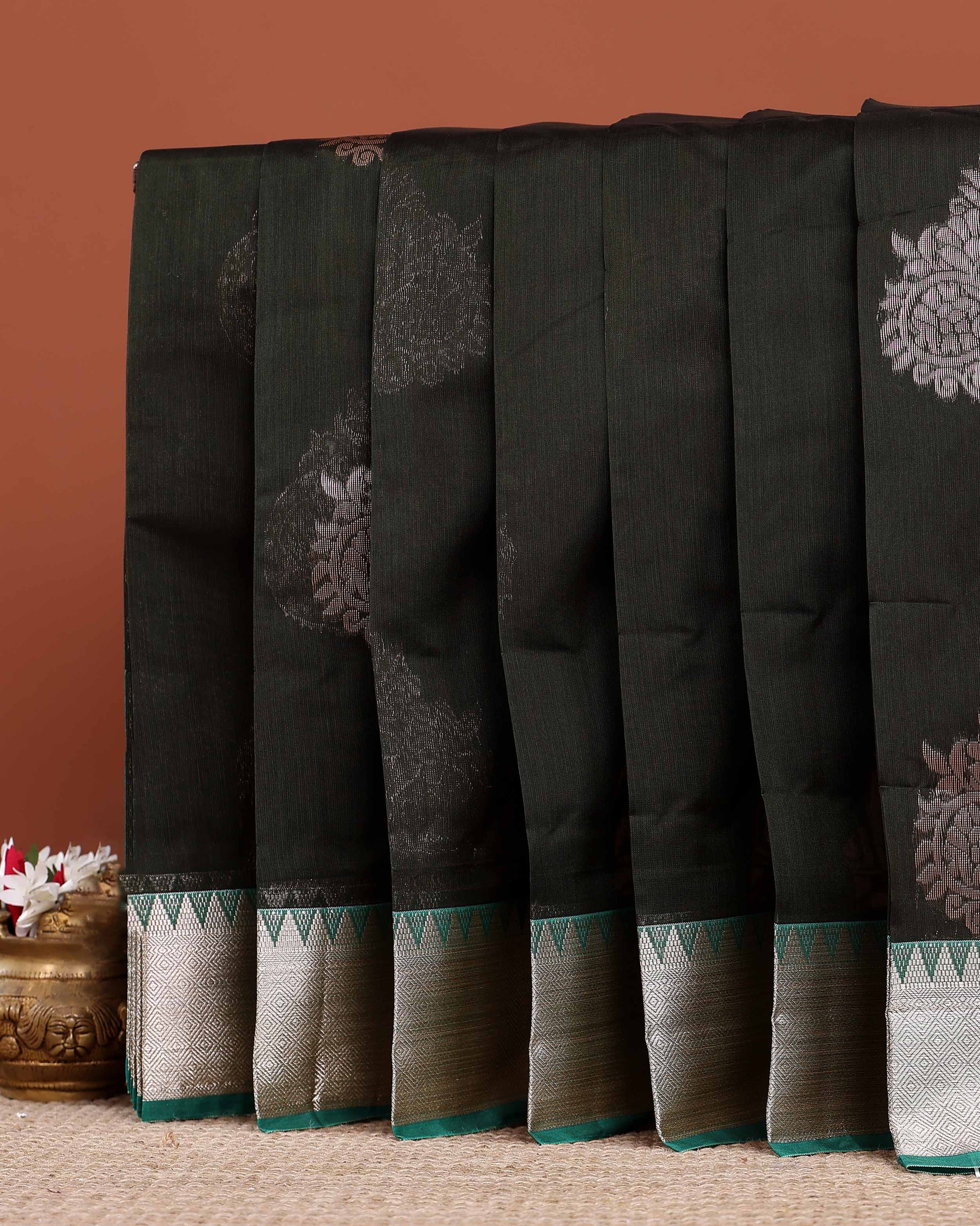 Elegant Handloom Elampillai Silk Cotton Saree with Woven Motifs and Temple Border Detail - Dark Green