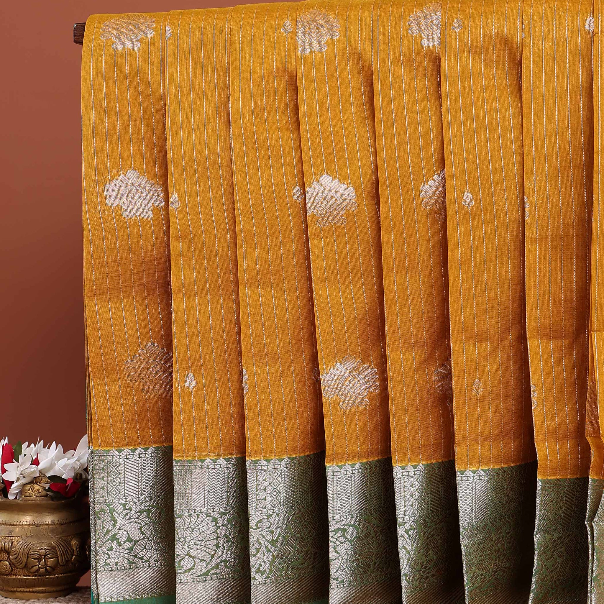 Elegant Handloom Elampillai Silk Cotton Saree with Zari Buttas and Contrast Woven Border - Mustard