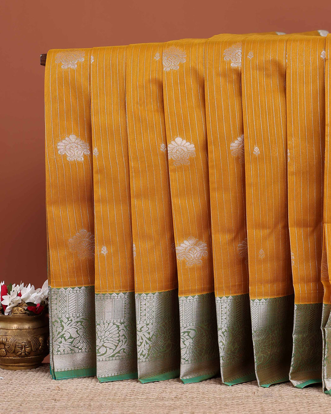 Elegant Handloom Elampillai Silk Cotton Saree with Zari Buttas and Contrast Woven Border - Mustard