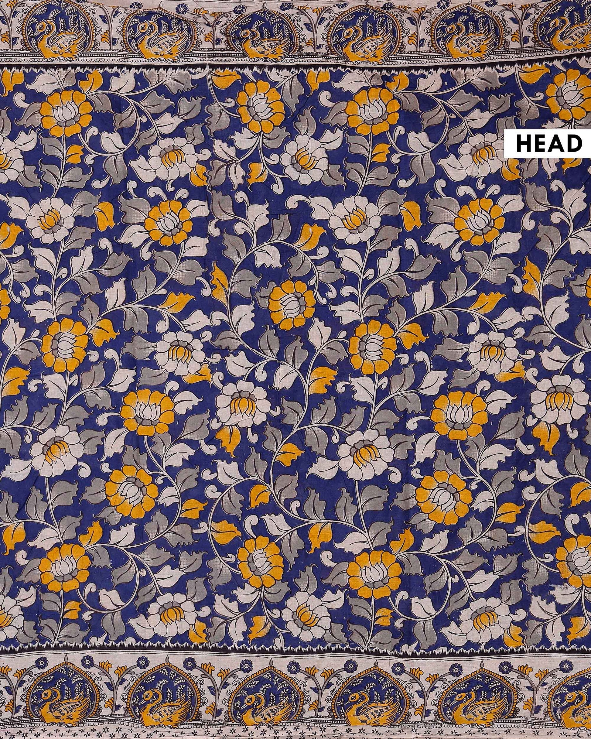 Elegant Handloom Kalamkari Cotton Saree with Intricate Floral Artwork and Traditional Folk Motif Border - Blue