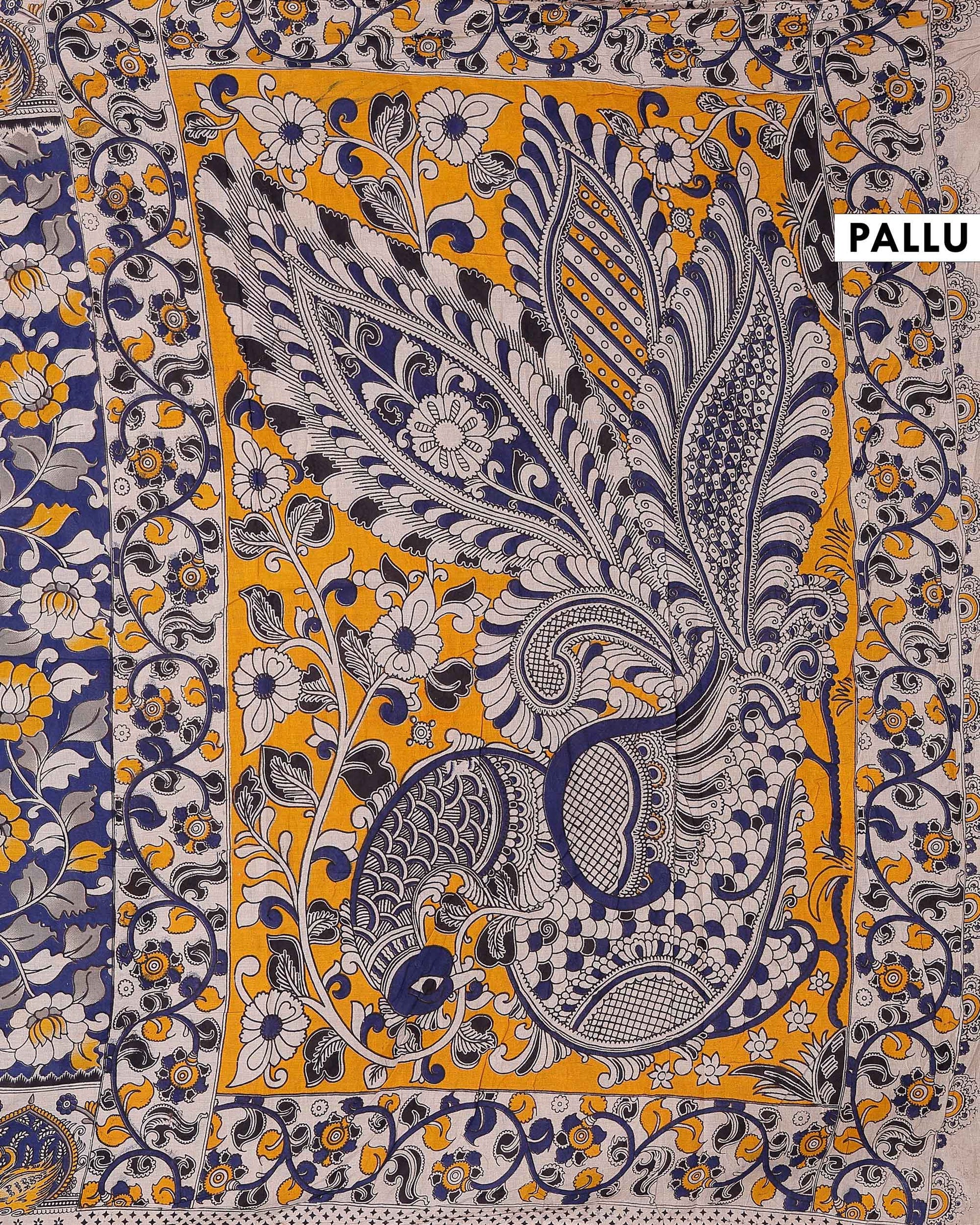 Elegant Handloom Kalamkari Cotton Saree with Intricate Floral Artwork and Traditional Folk Motif Border - Blue
