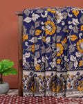 Elegant Handloom Kalamkari Cotton Saree with Intricate Floral Artwork and Traditional Folk Motif Border - Blue
