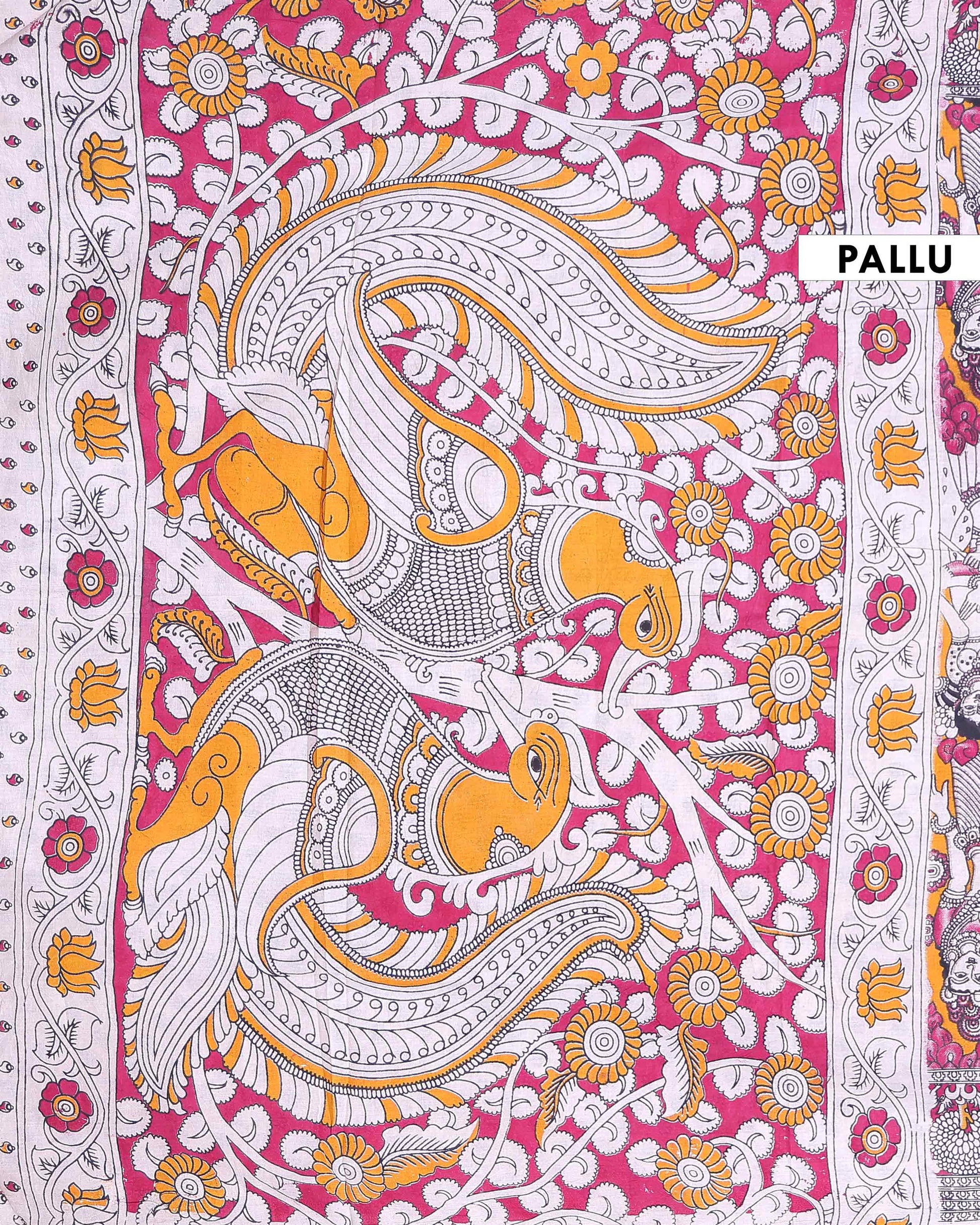 Elegant Handloom Kalamkari Cotton Saree with Intricate Kalamkari Artwork and Zari Border - Orange