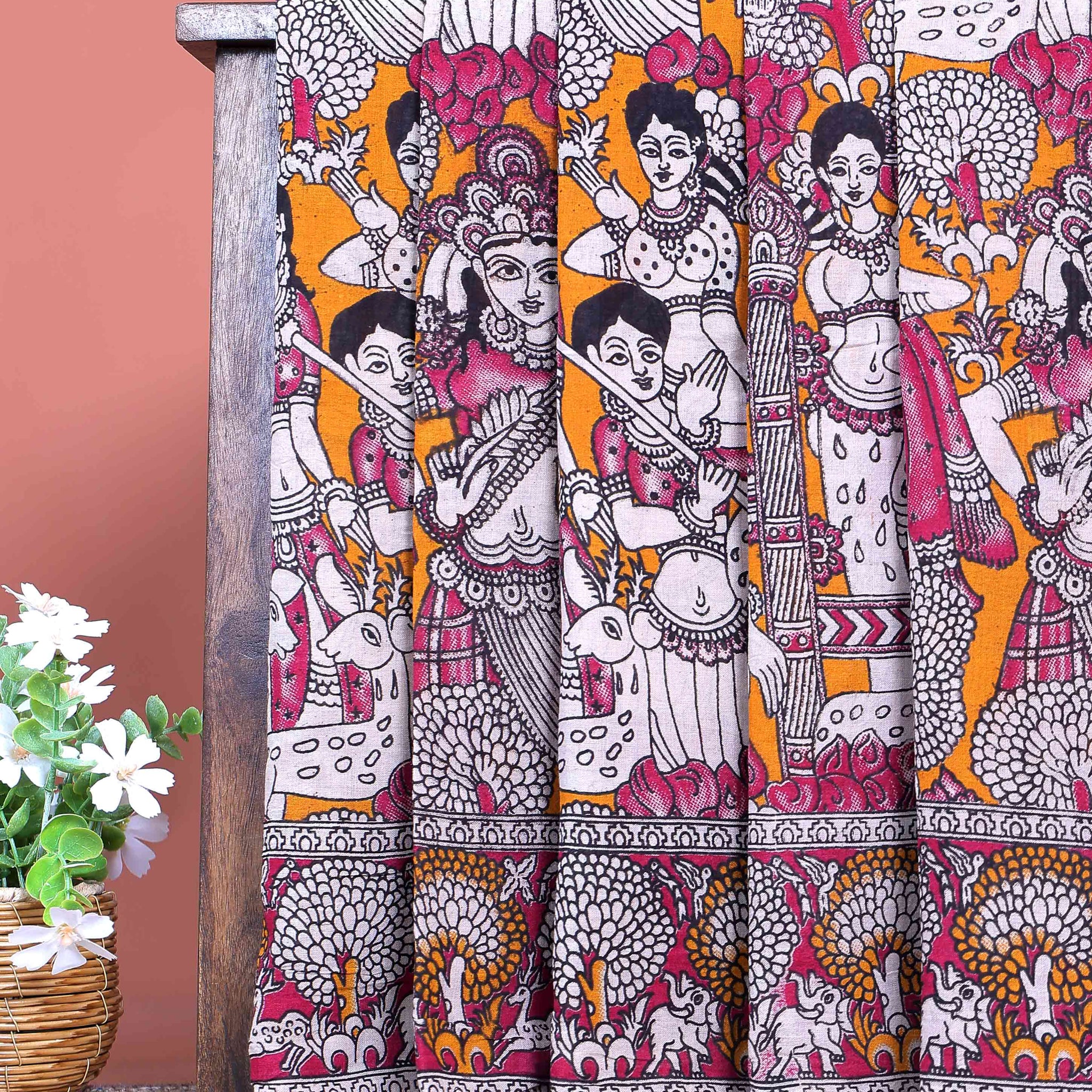 Elegant Handloom Kalamkari Cotton Saree with Intricate Kalamkari Artwork and Zari Border - Orange