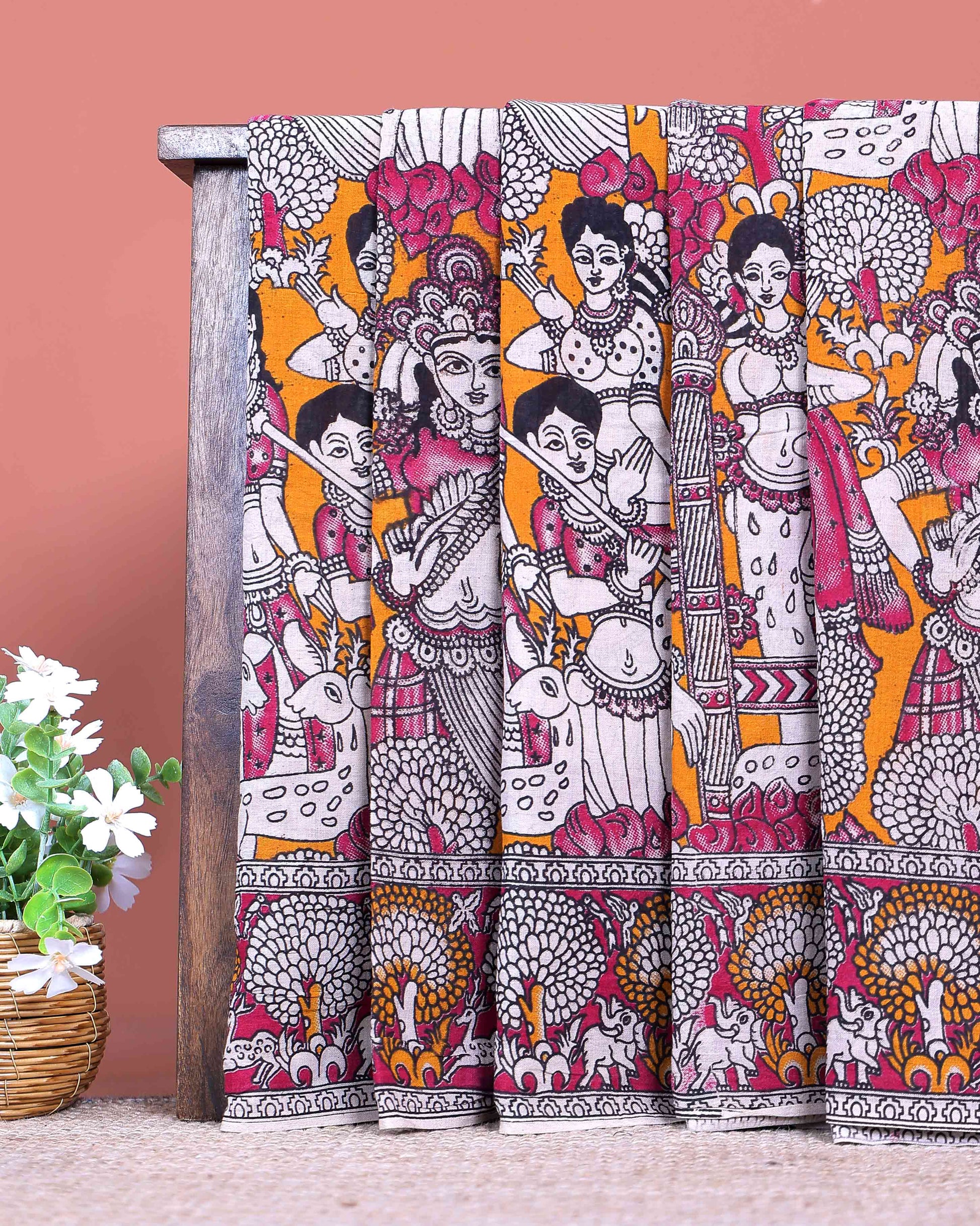 Elegant Handloom Kalamkari Cotton Saree with Intricate Kalamkari Artwork and Zari Border - Orange