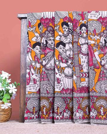Elegant Handloom Kalamkari Cotton Saree with Intricate Kalamkari Artwork and Zari Border - Orange