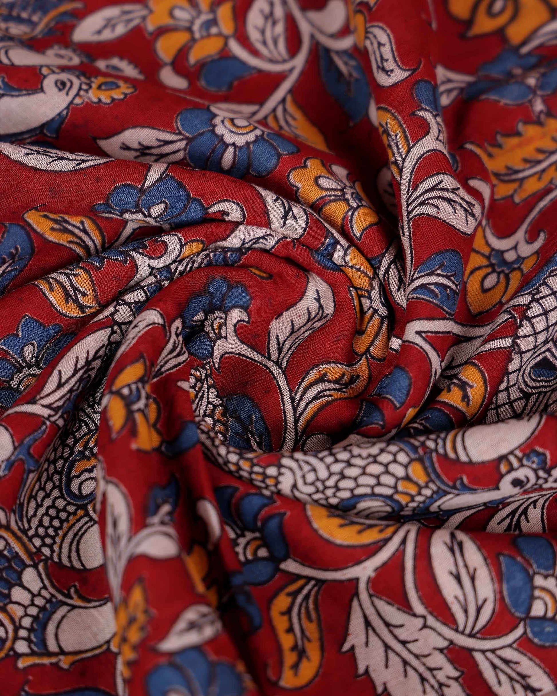 Elegant Handloom Kalamkari Cotton Saree with Traditional Floral Artwork and Ikkat Inspired Contrast Border - Red