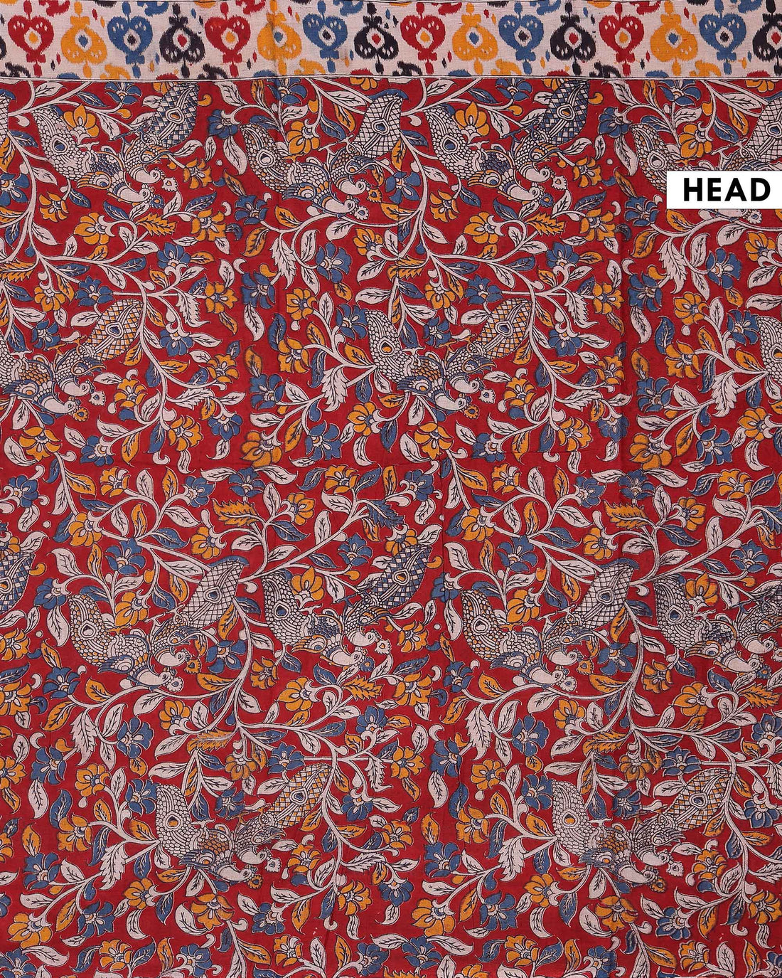 Elegant Handloom Kalamkari Cotton Saree with Traditional Floral Artwork and Ikkat Inspired Contrast Border - Red