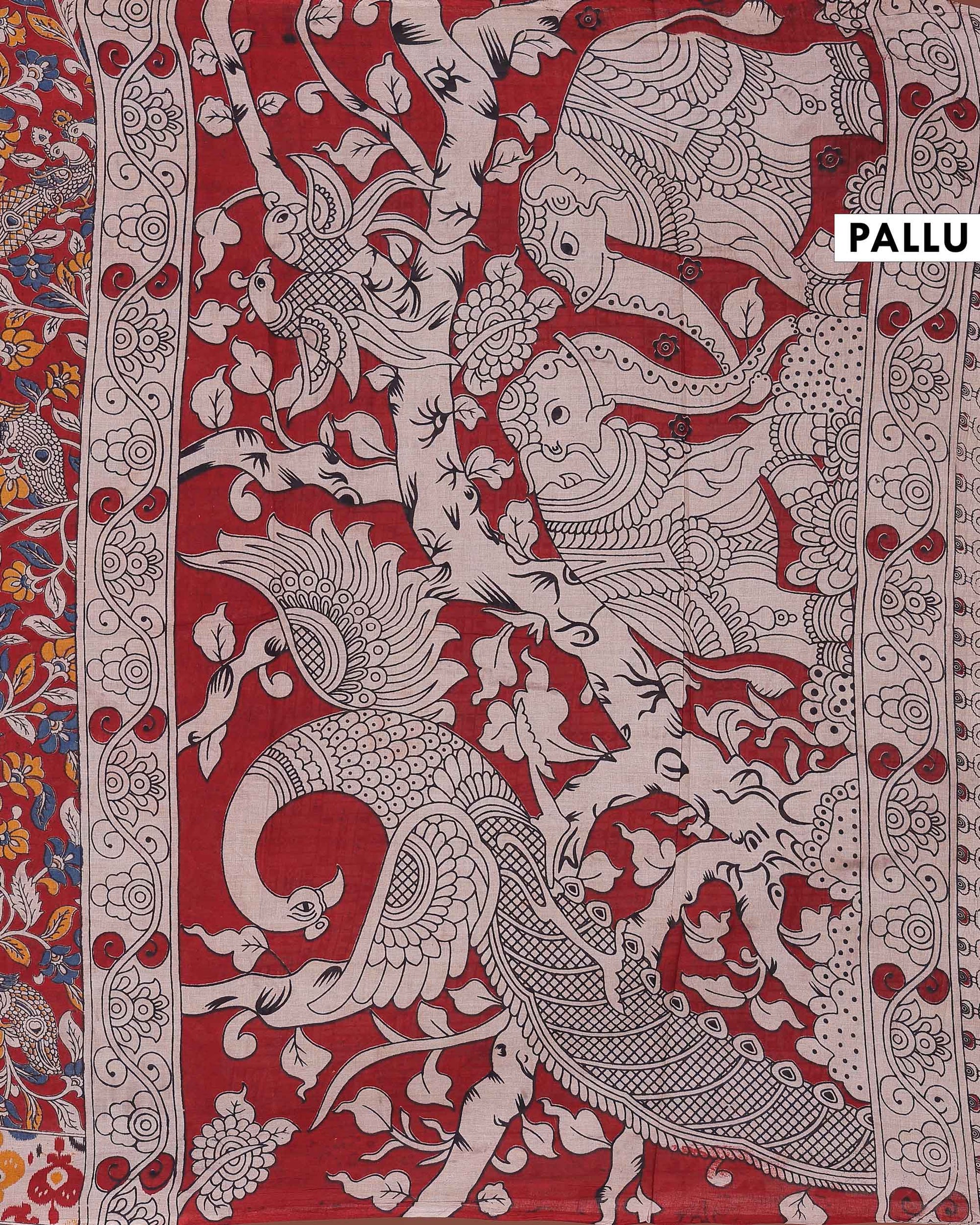 Elegant Handloom Kalamkari Cotton Saree with Traditional Floral Artwork and Ikkat Inspired Contrast Border - Red