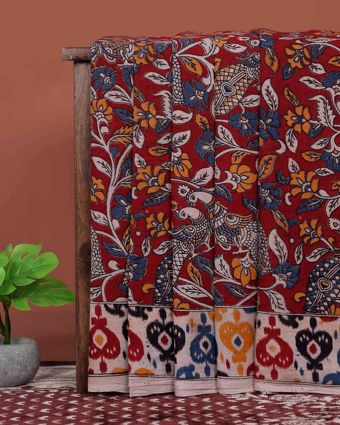 Elegant Handloom Kalamkari Cotton Saree with Traditional Floral Artwork and Ikkat Inspired Contrast Border - Red