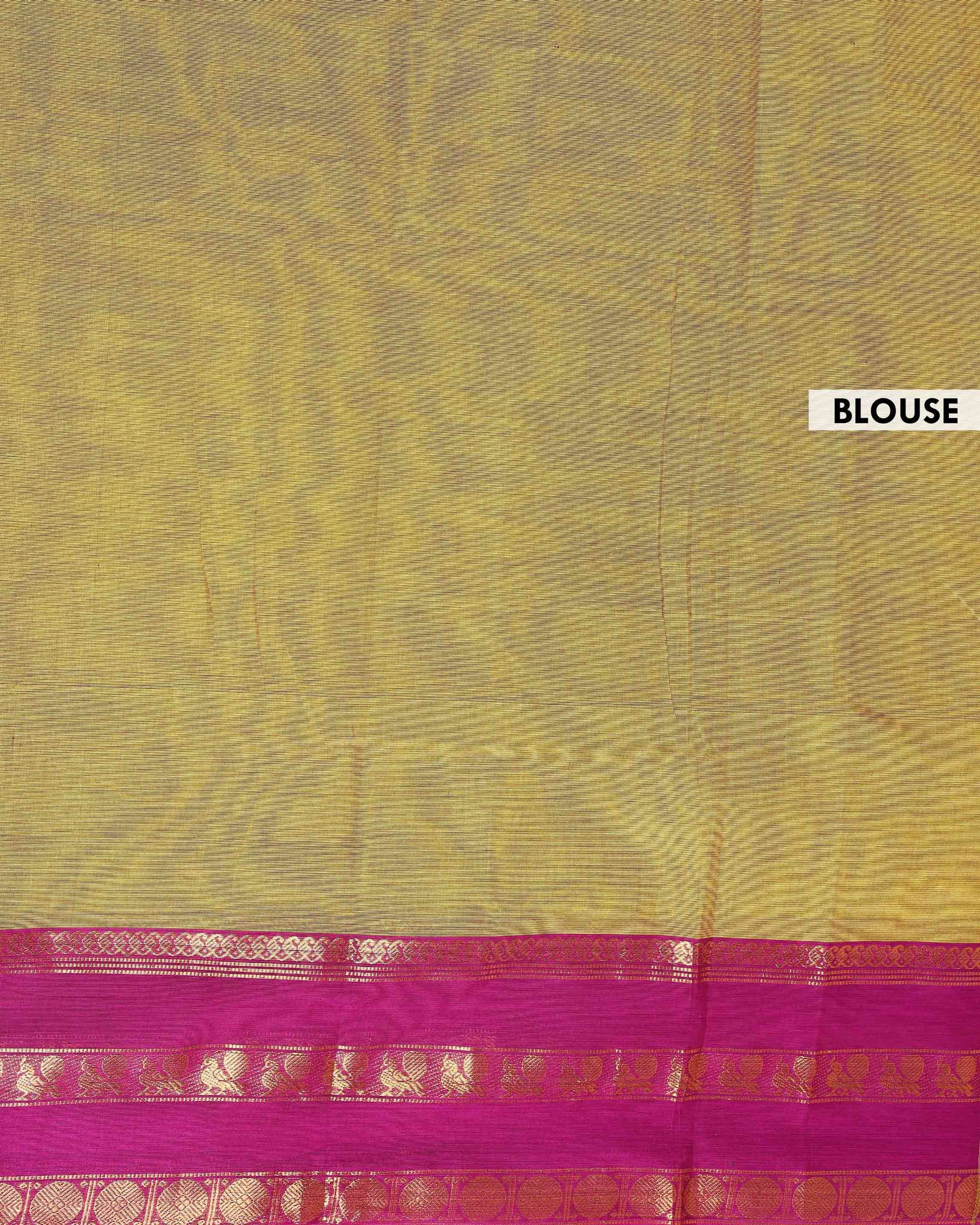 Elegant Handloom Kanchi Cotton Saree with Traditional Zari Border - Olive Green-Blouse
