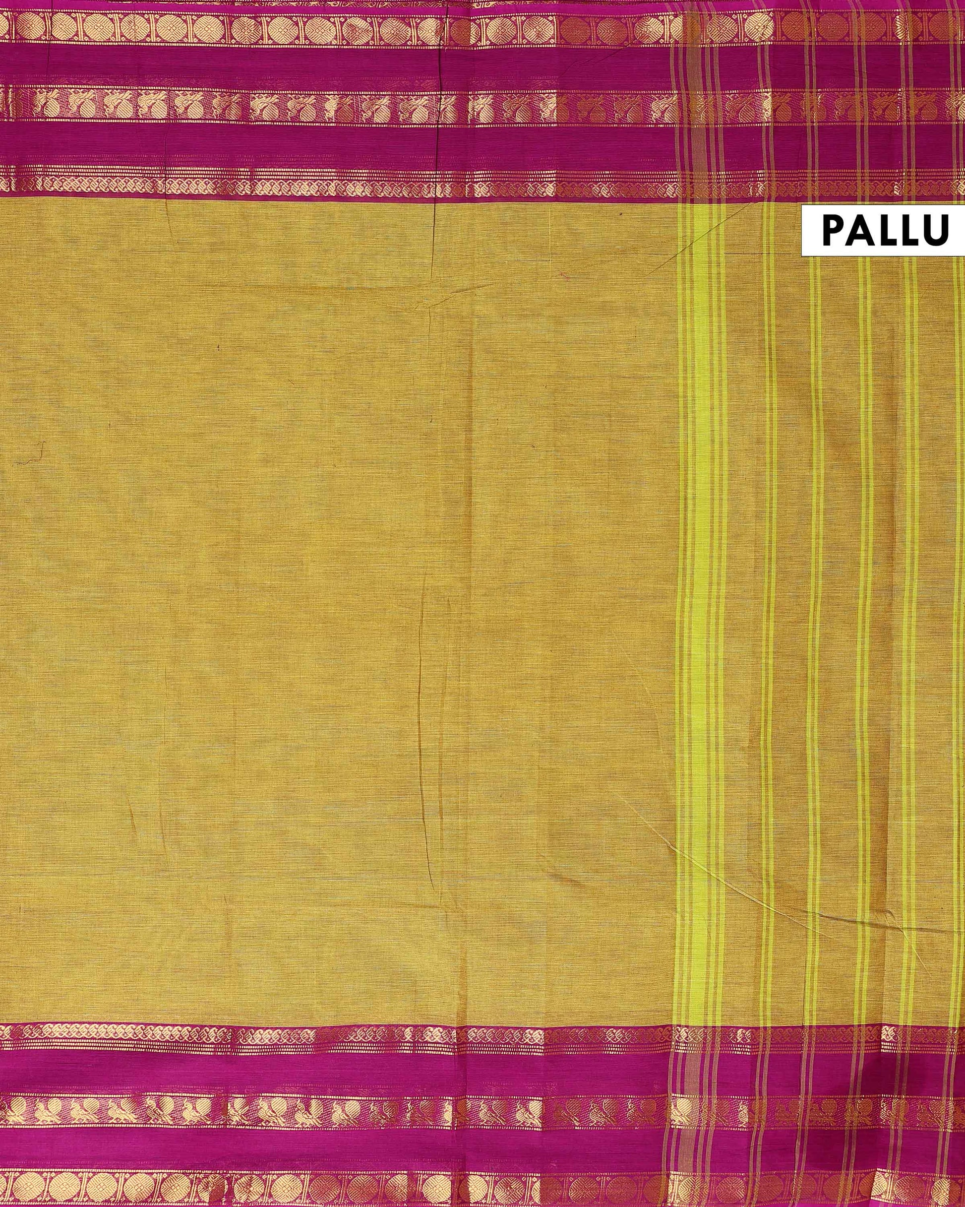 Elegant Handloom Kanchi Cotton Saree with Traditional Zari Border - Olive Green-Pallu
