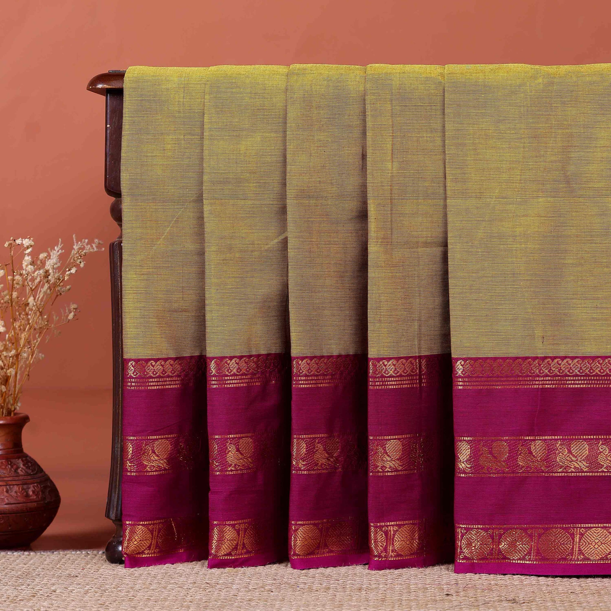 Elegant Handloom Kanchi Cotton Saree with Traditional Zari Border - Olive Green