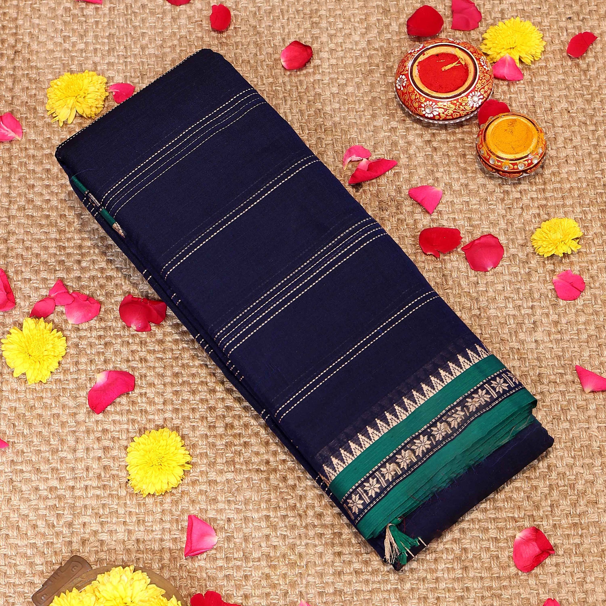 Elegant Handloom Narayanpet Cotton Saree Contrast Border and Fine Stripe Details  - Navy Blue