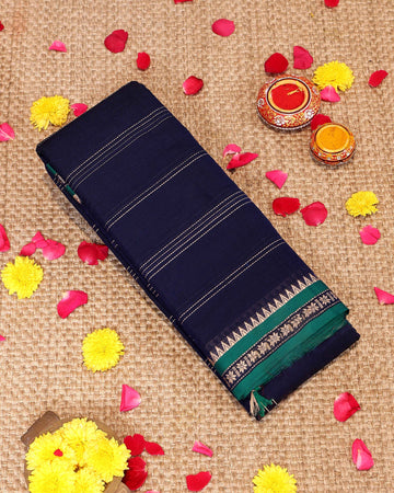 Elegant Handloom Narayanpet Cotton Saree Contrast Border and Fine Stripe Details  - Navy Blue
