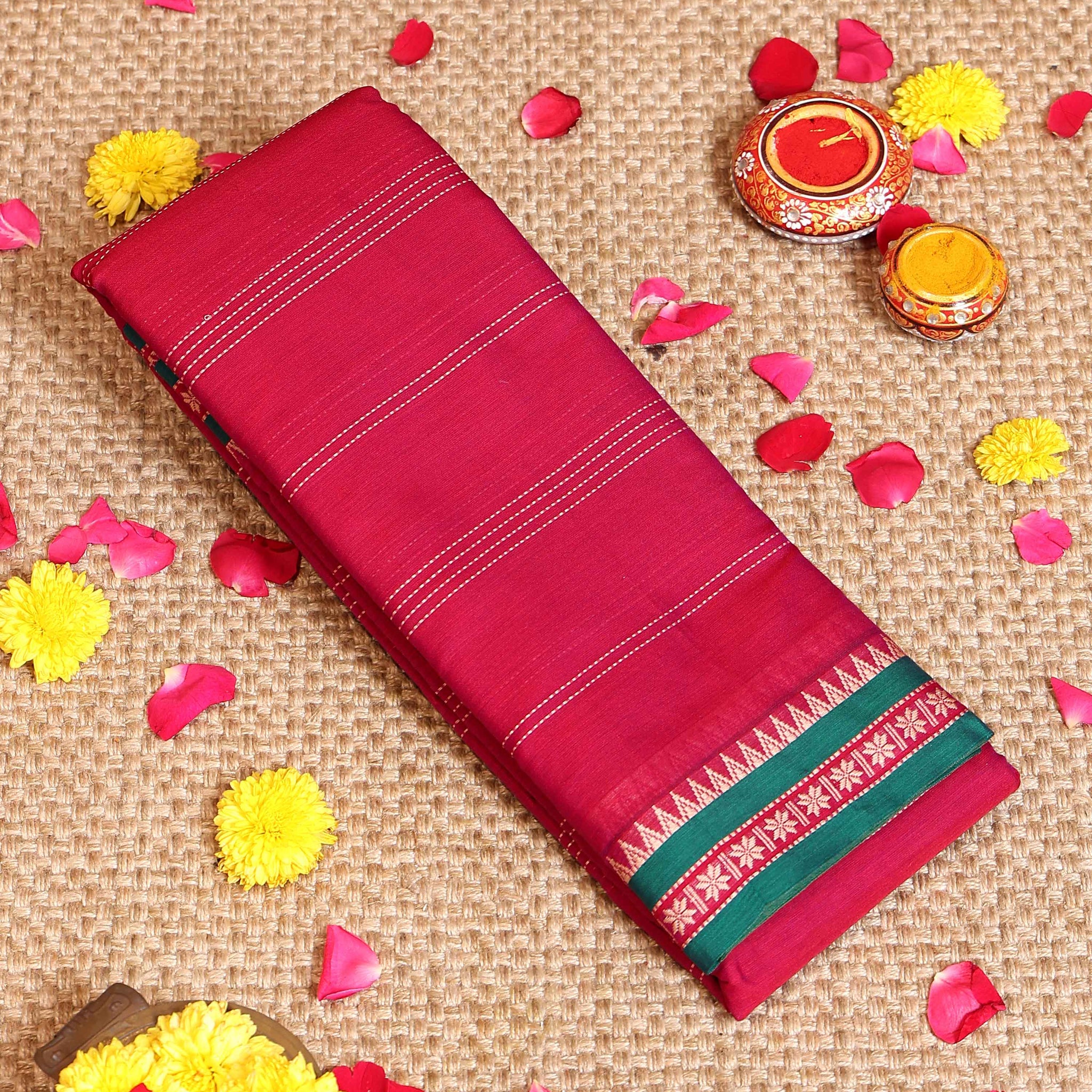 Elegant Handloom Narayanpet Cotton Saree Contrast Border and Fine Stripe Details  - Pink