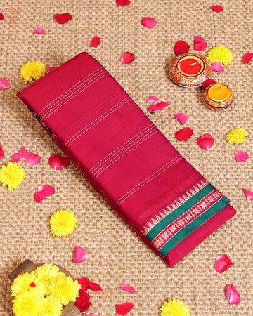 Elegant Handloom Narayanpet Cotton Saree Contrast Border and Fine Stripe Details  - Pink