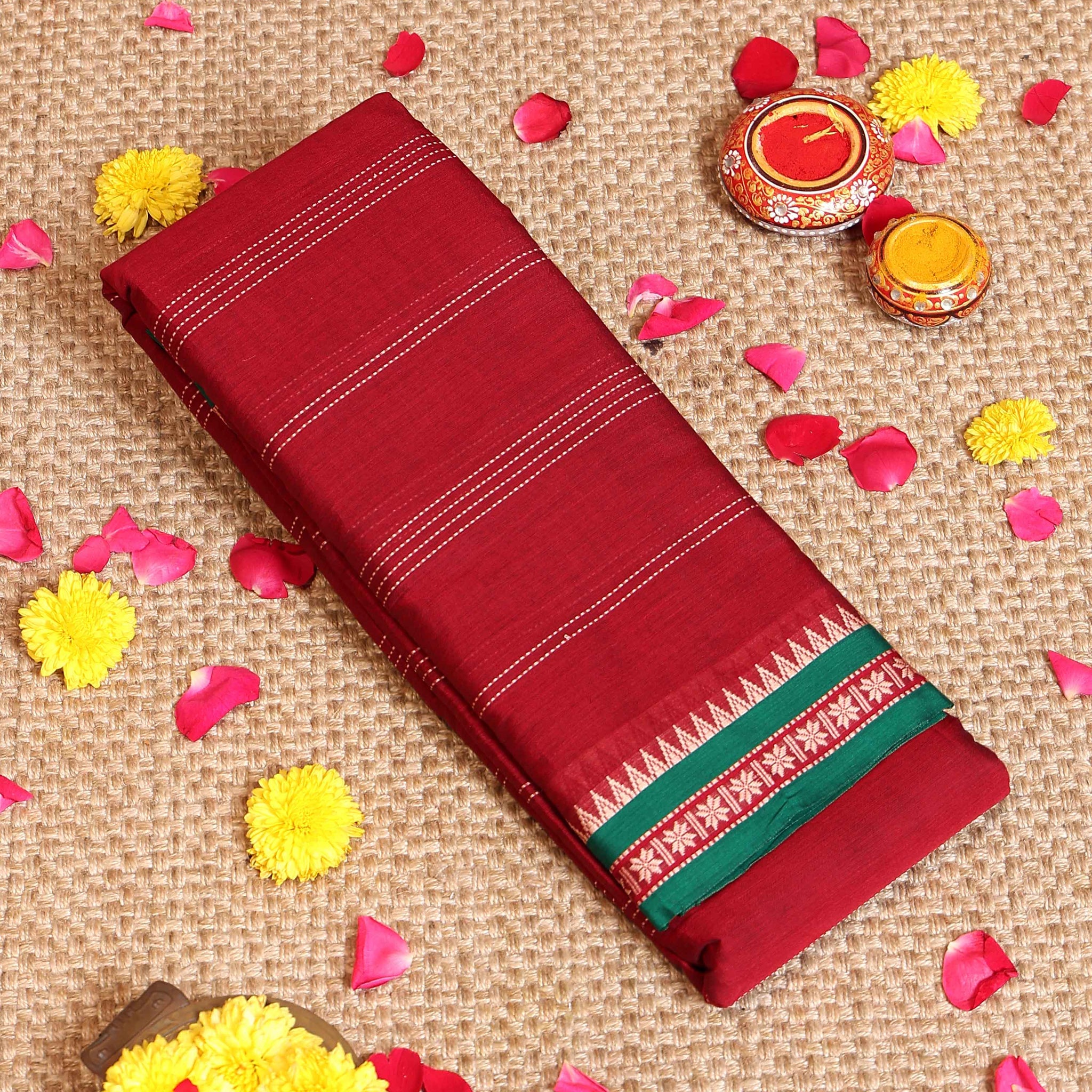 Elegant Handloom Narayanpet Cotton Saree Contrast Border and Fine Stripe Details  - Red