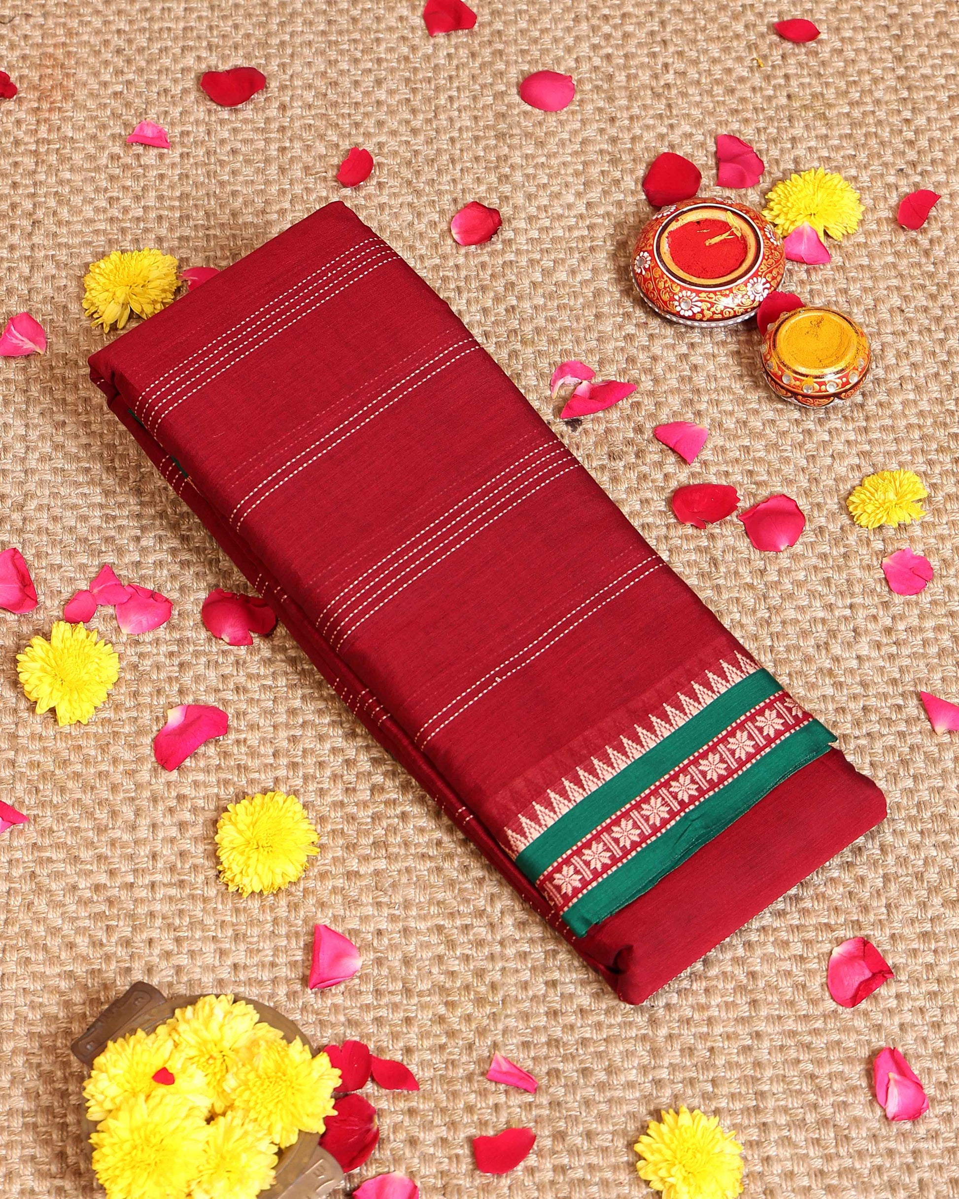 Elegant Handloom Narayanpet Cotton Saree Contrast Border and Fine Stripe Details  - Red