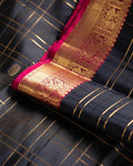 Elegant Handloom Pure Kanchipuram Silk Saree with Zari Checks and Traditional Korvai Border - Navy Blue