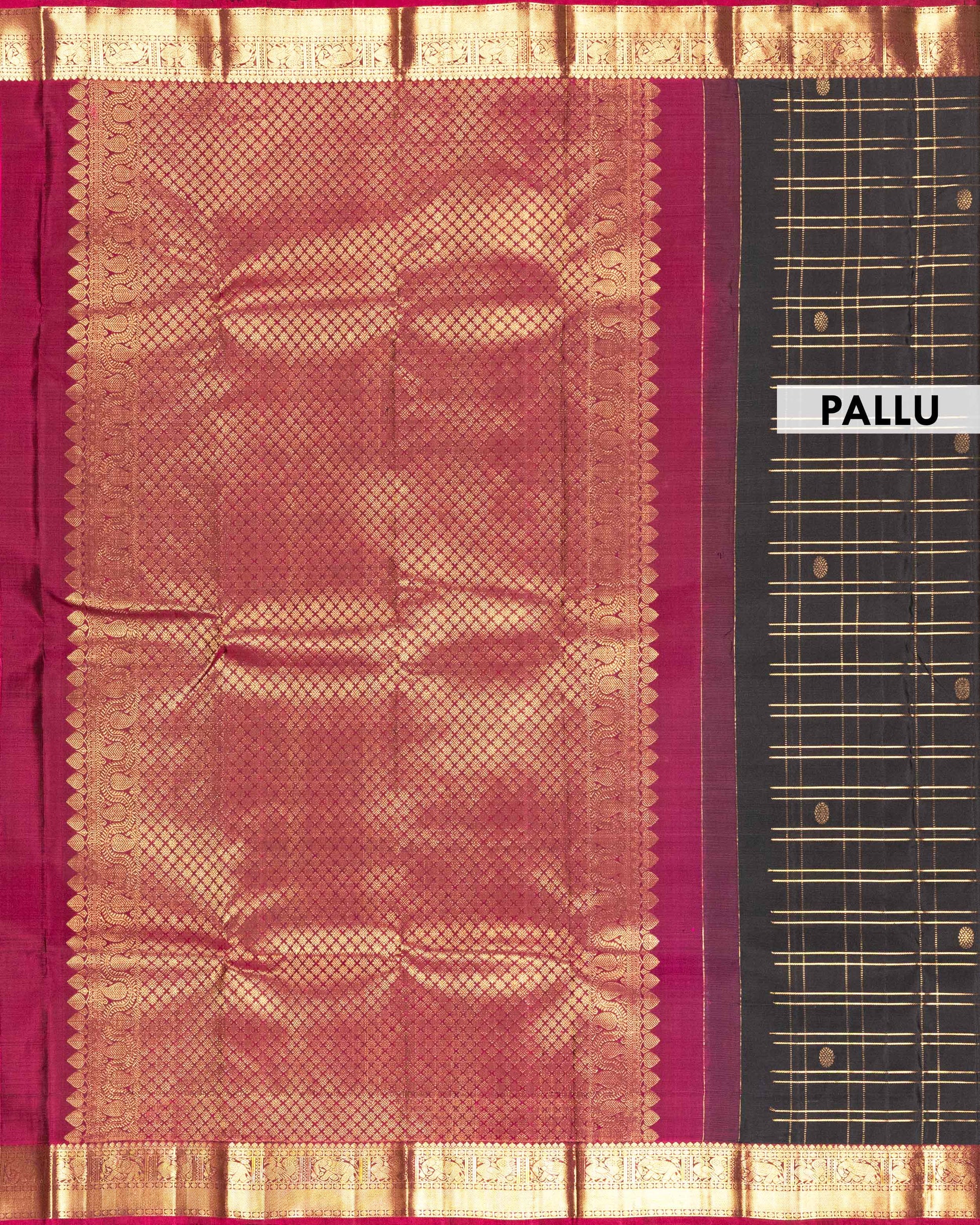 Elegant Handloom Pure Kanchipuram Silk Saree with Zari Checks and Traditional Korvai Border - Navy Blue