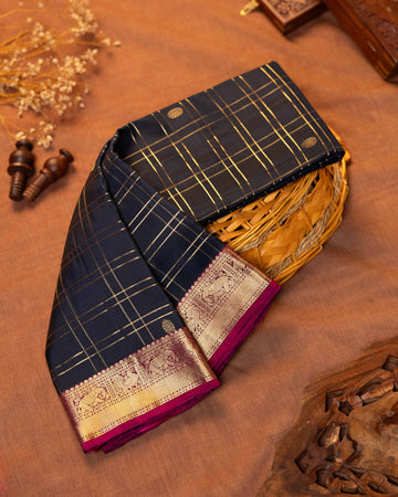 Elegant Handloom Pure Kanchipuram Silk Saree with Zari Checks and Traditional Korvai Border - Navy Blue