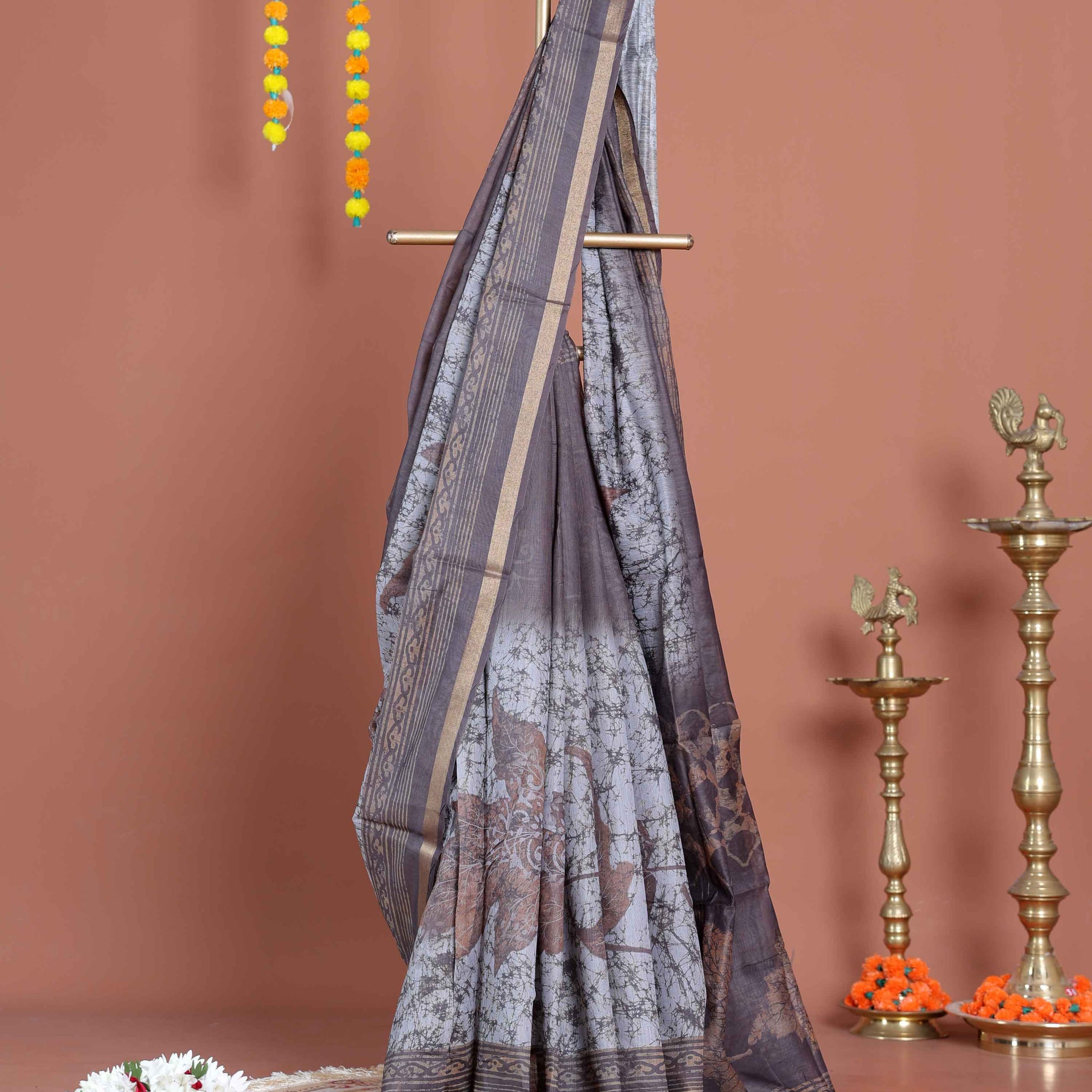 Elegant Handloom Semi-Silk Saree with Zari Woven Border and Digital Print - Dark Brown