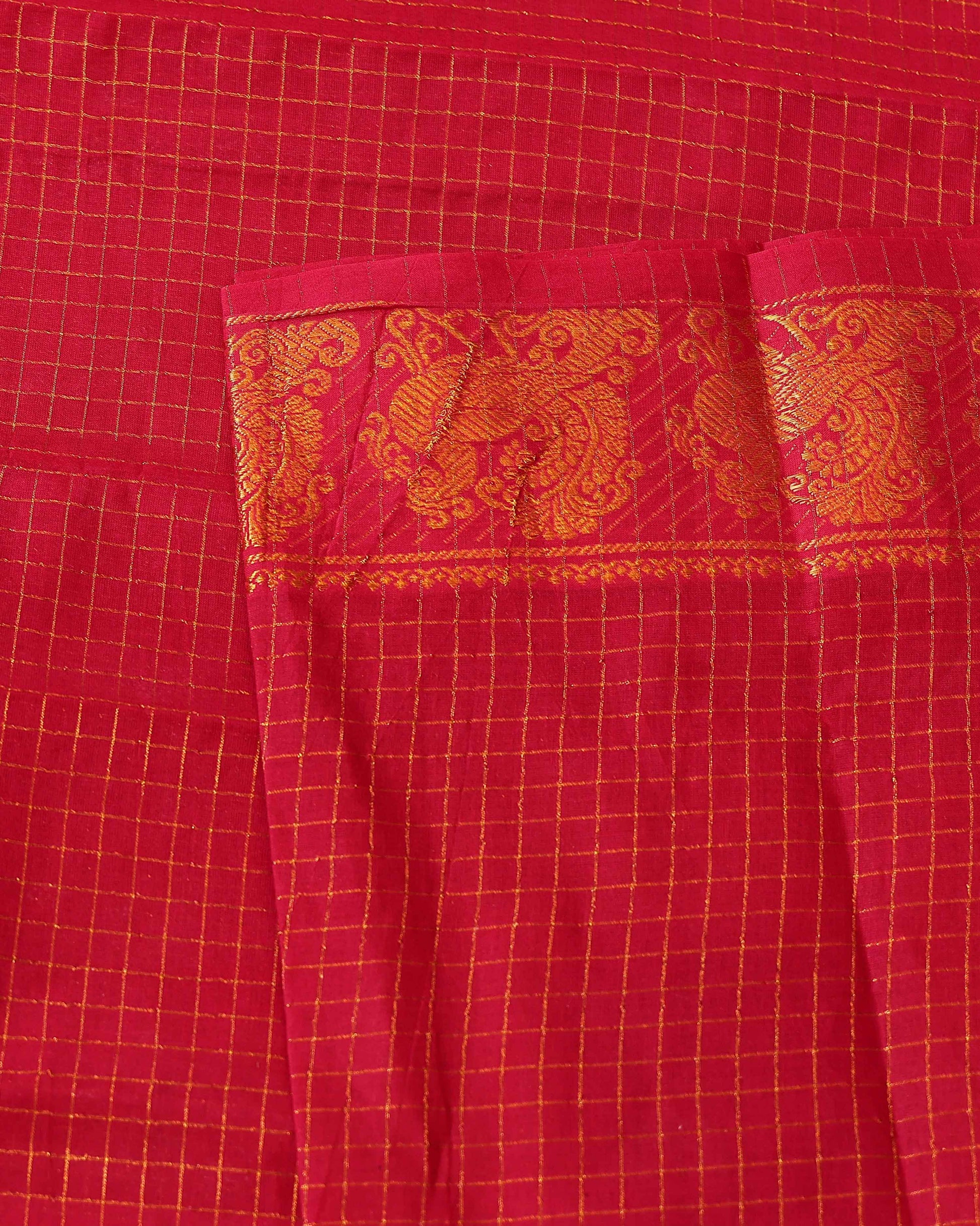 Elegant Handloom Sungudi Cotton Saree Checks and Elegant Zari Peacock Motif Border - Red