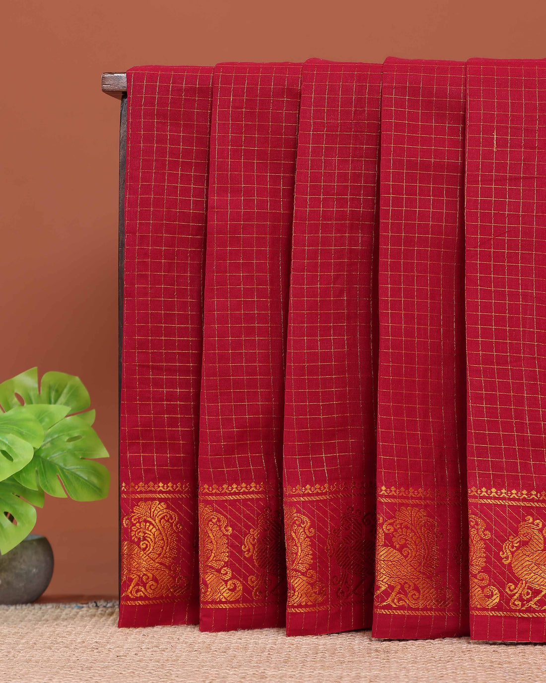Elegant Handloom Sungudi Cotton Saree Checks and Elegant Zari Peacock Motif Border - Red