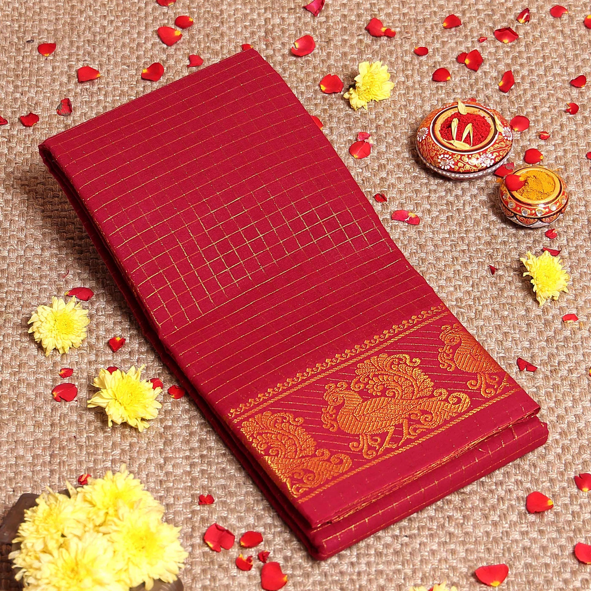 Elegant Handloom Sungudi Cotton Saree Checks and Elegant Zari Peacock Motif Border - Red