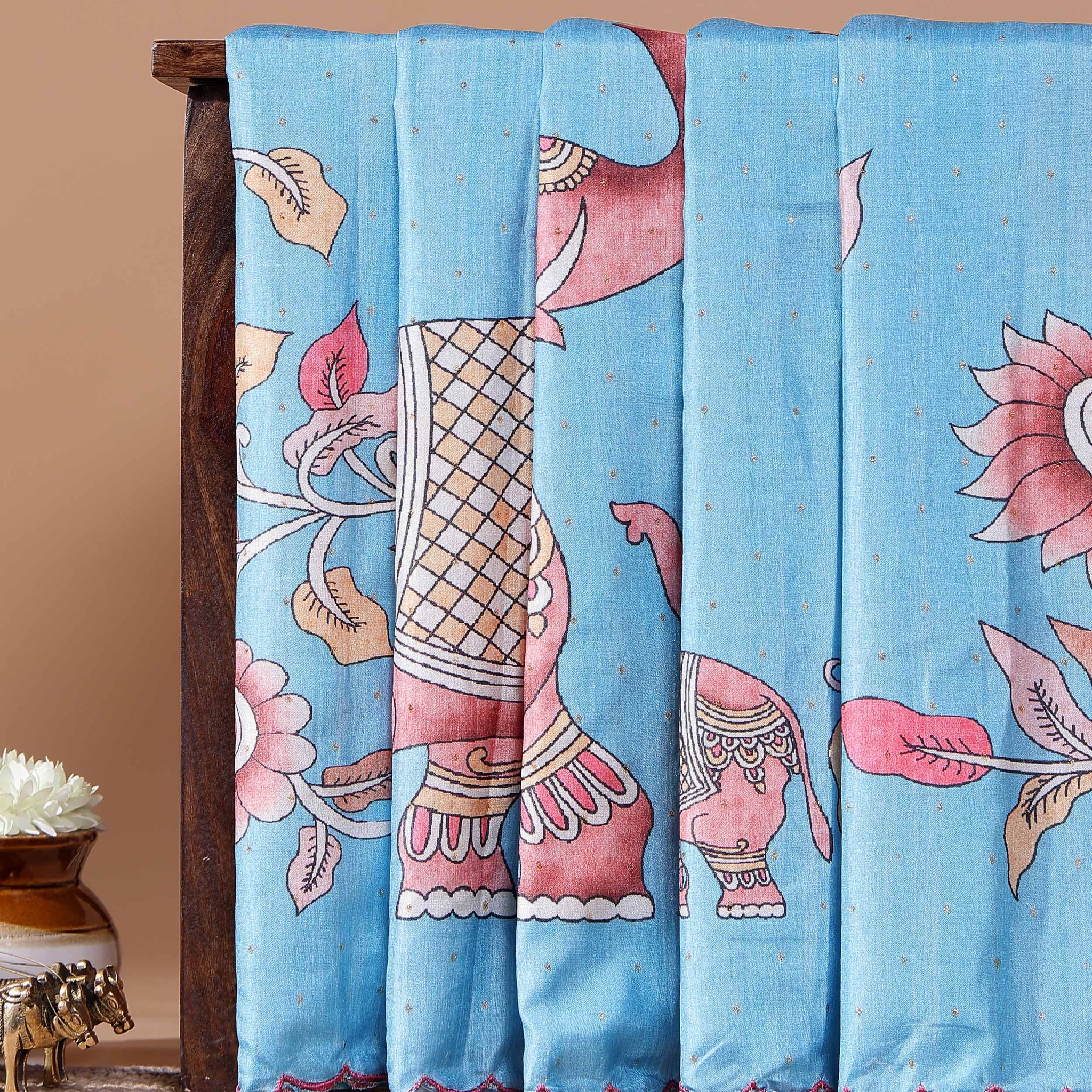 Elegant Handloom Tussar Silk Saree with a Traditional Elephant and Flower Border - Light Blue
