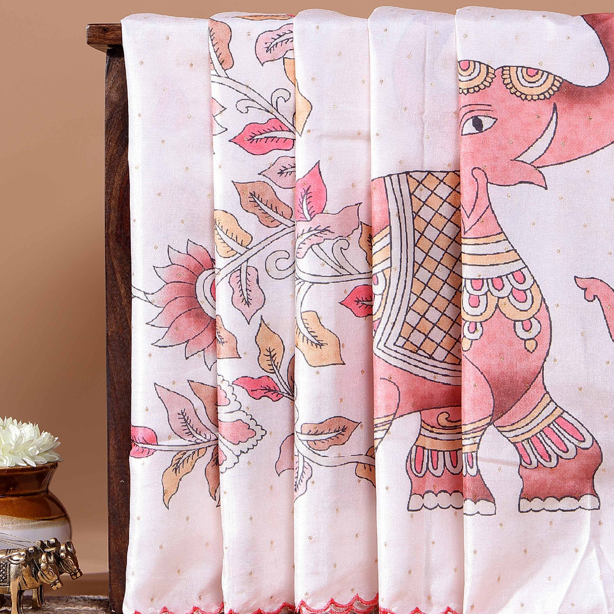 Elegant Handloom Tussar Silk Saree with a Traditional Elephant and Flower Border - Off White