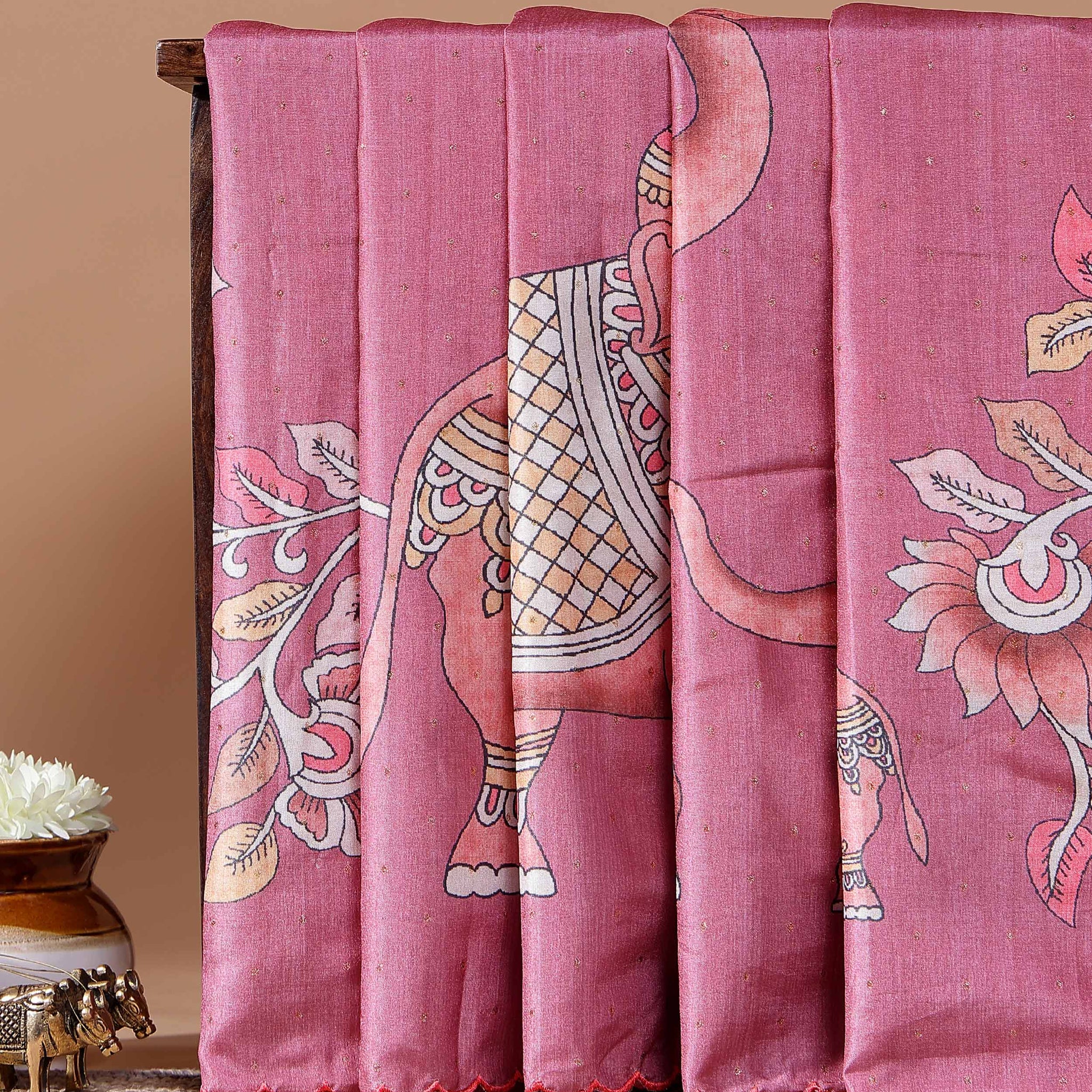 Elegant Handloom Tussar Silk Saree with a Traditional Elephant and Flower Border - Onion Pink