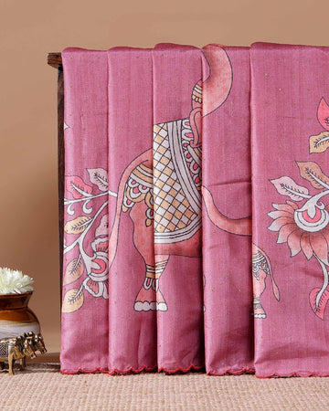Elegant Handloom Tussar Silk Saree with a Traditional Elephant and Flower Border - Onion Pink