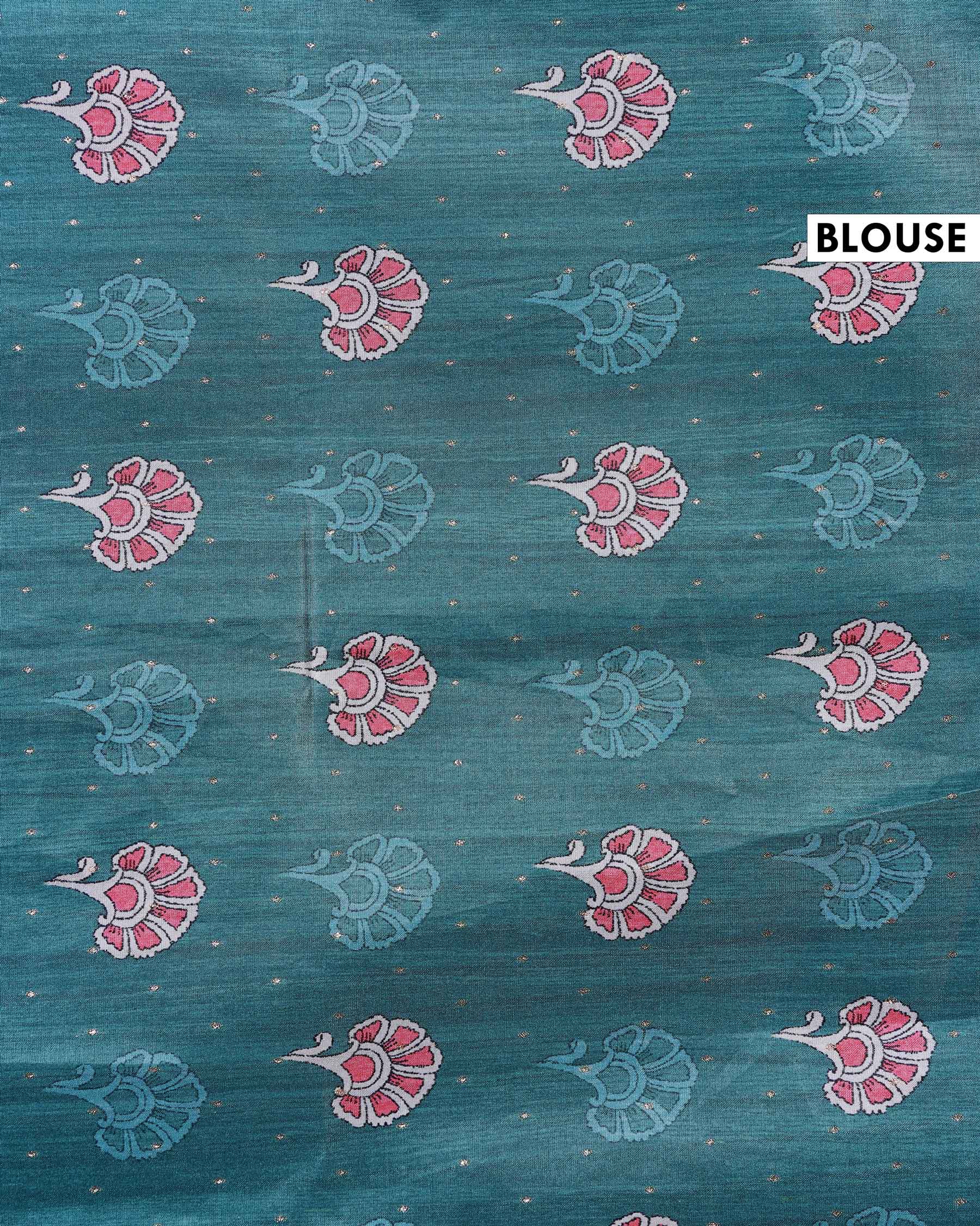 Elegant Handloom Tussar Silk Saree with a Traditional Elephant and Flower Border - Teal