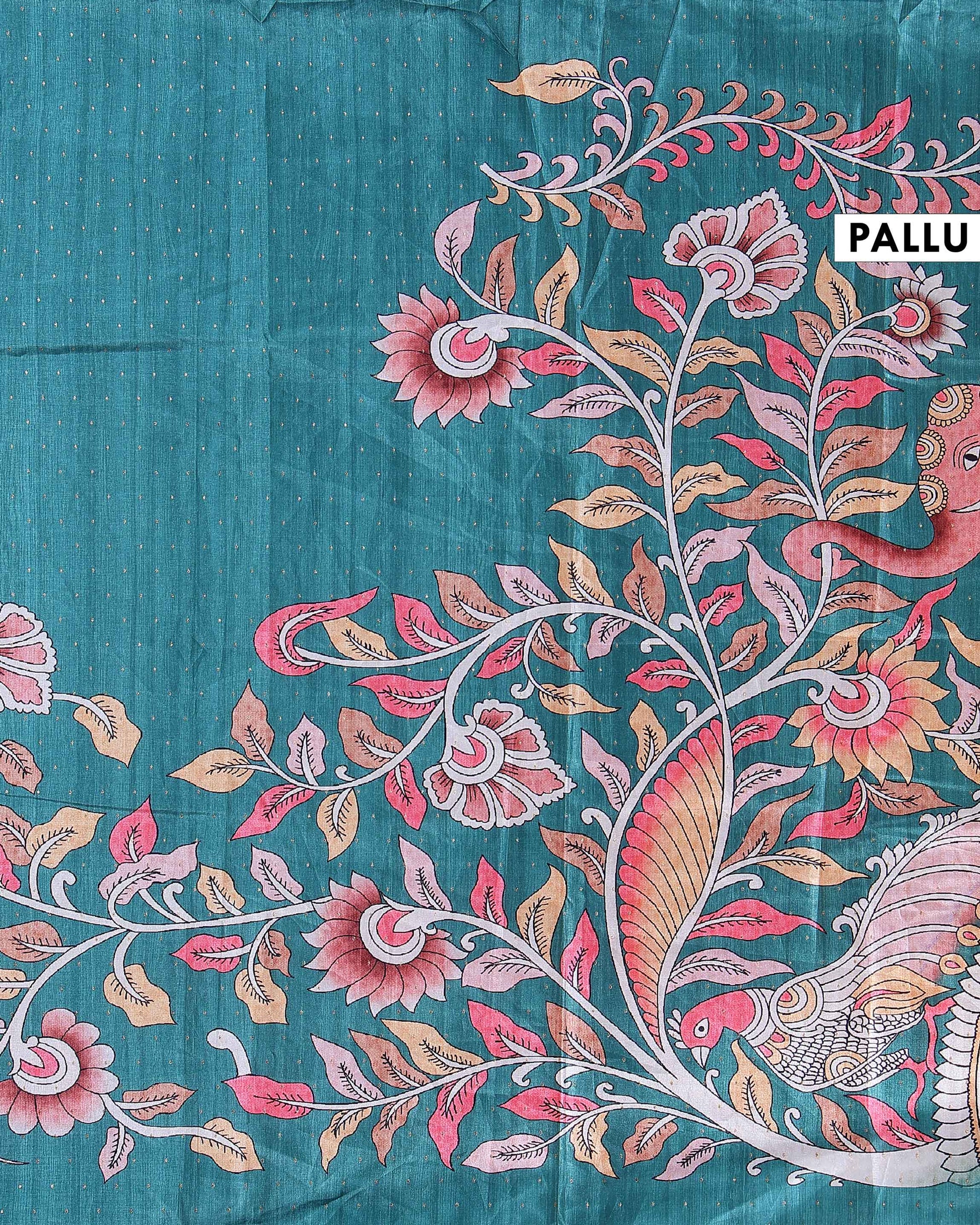 Elegant Handloom Tussar Silk Saree with a Traditional Elephant and Flower Border - Teal