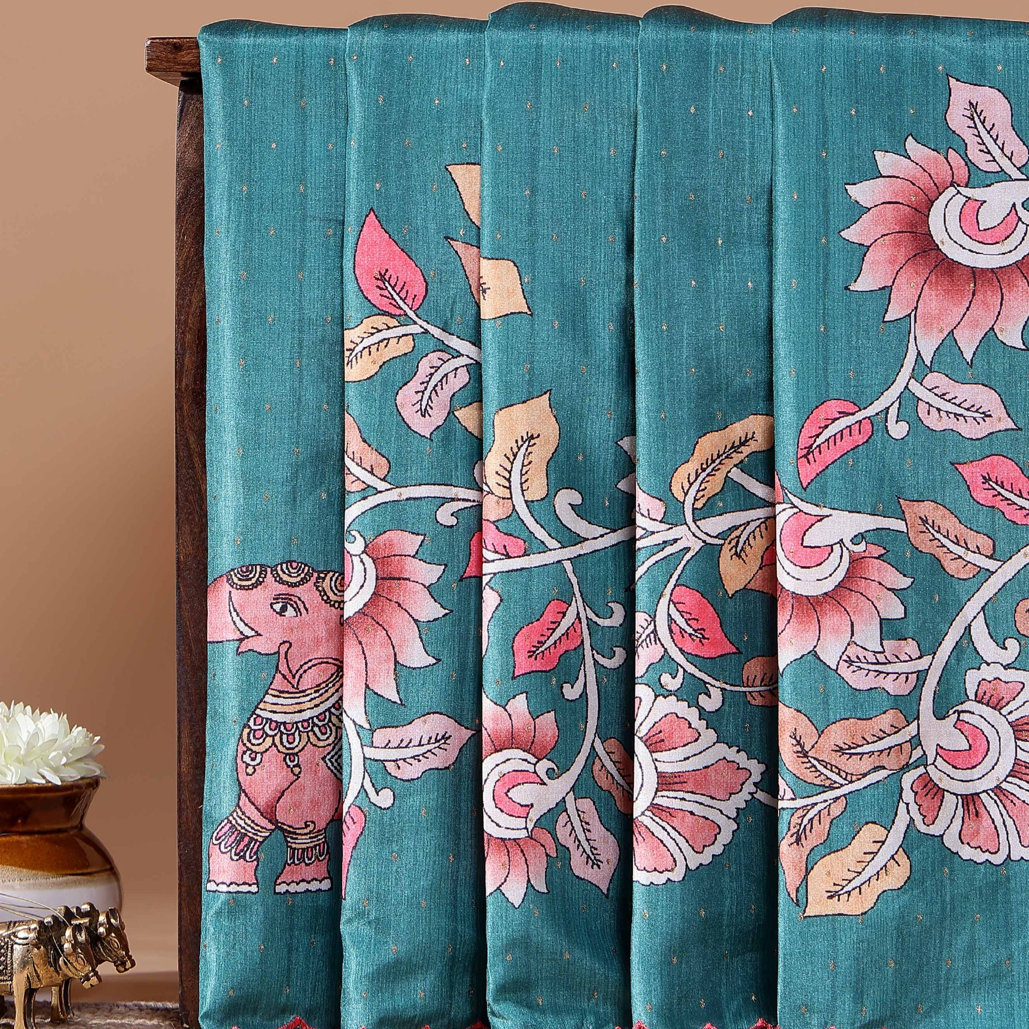 Elegant Handloom Tussar Silk Saree with a Traditional Elephant and Flower Border - Teal
