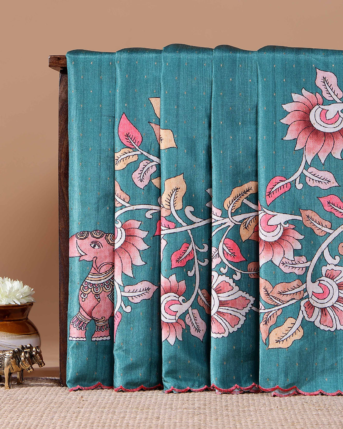 Elegant Handloom Tussar Silk Saree with a Traditional Elephant and Flower Border - Teal