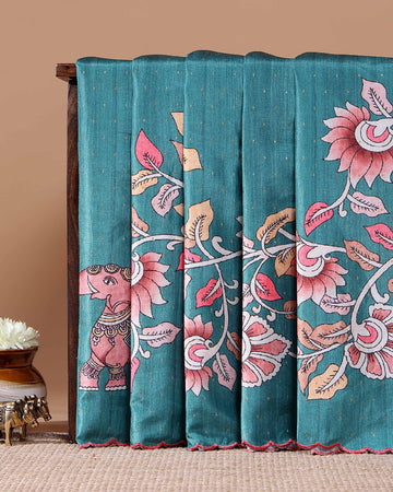 Elegant Handloom Tussar Silk Saree with a Traditional Elephant and Flower Border - Teal
