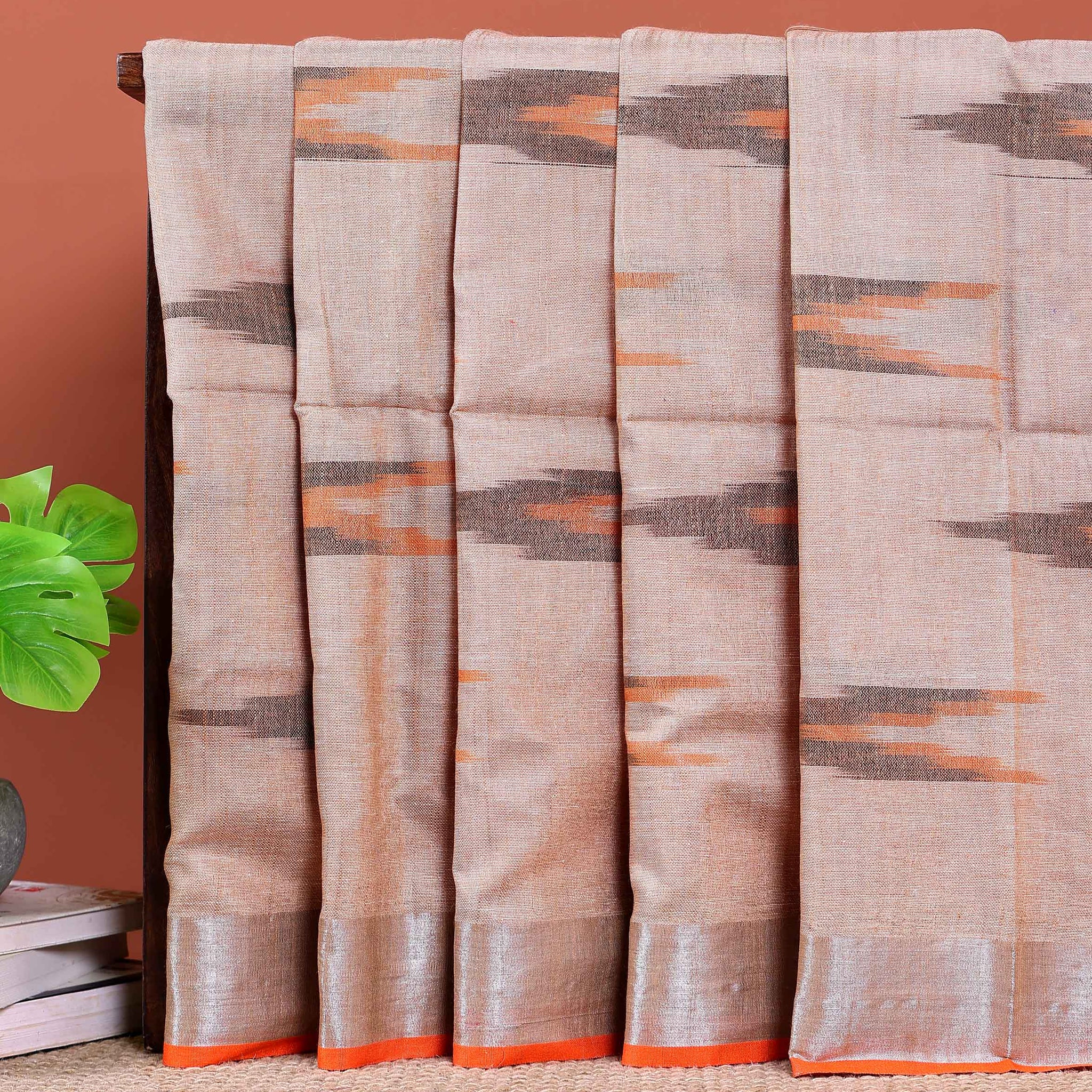 Elegant Handwoven Ikkat Linen Cotton Saree with Zari Border - Brown
