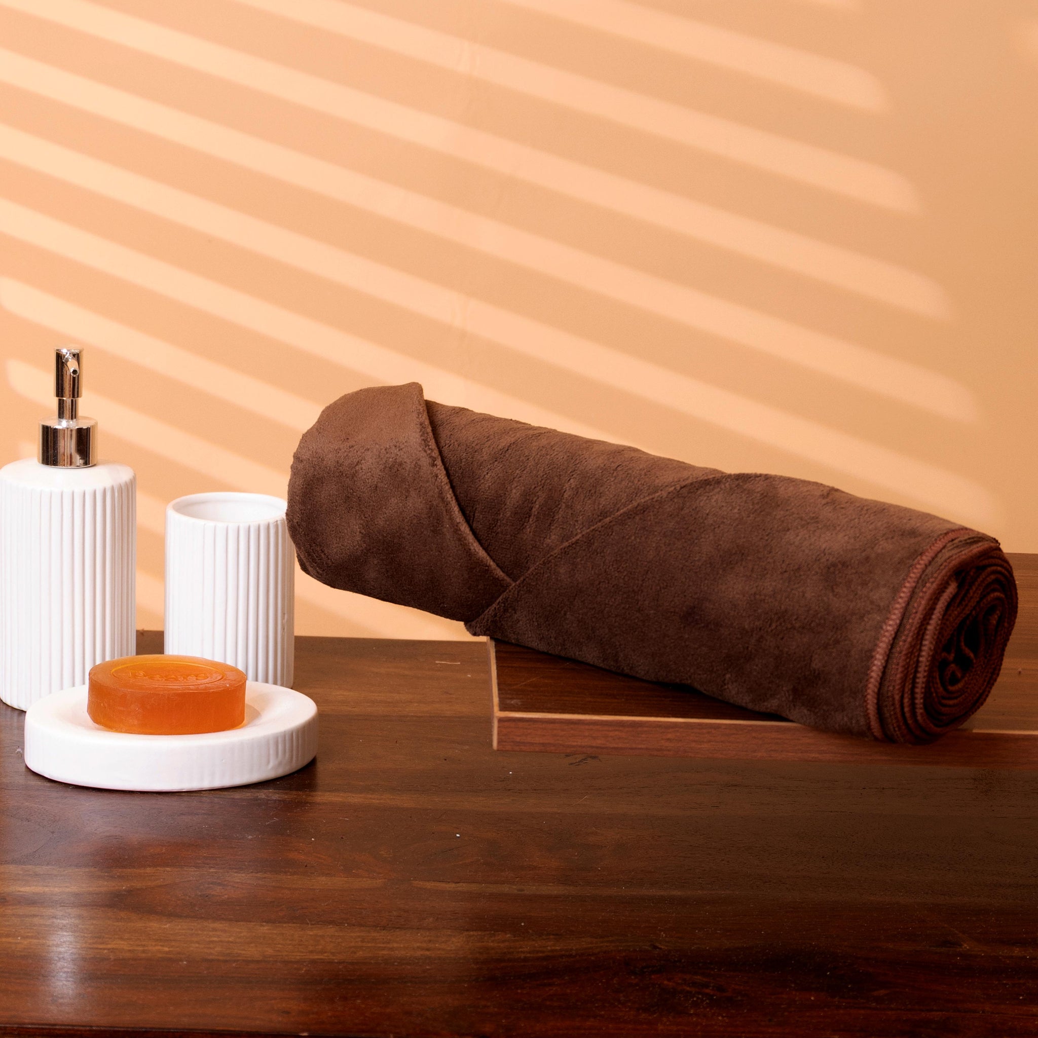 Elegant Handwoven Woolen Towel with Minimal Cut Pile Border - Dark Brown