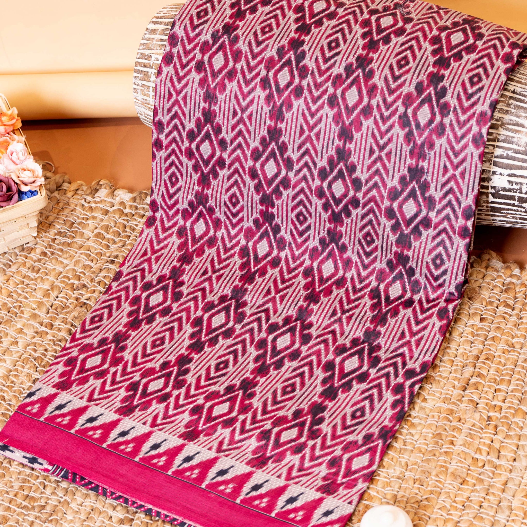 Elegant  Ikkat Pattern Voile Cotton Saree with Geometric Motifs - Dark Purple