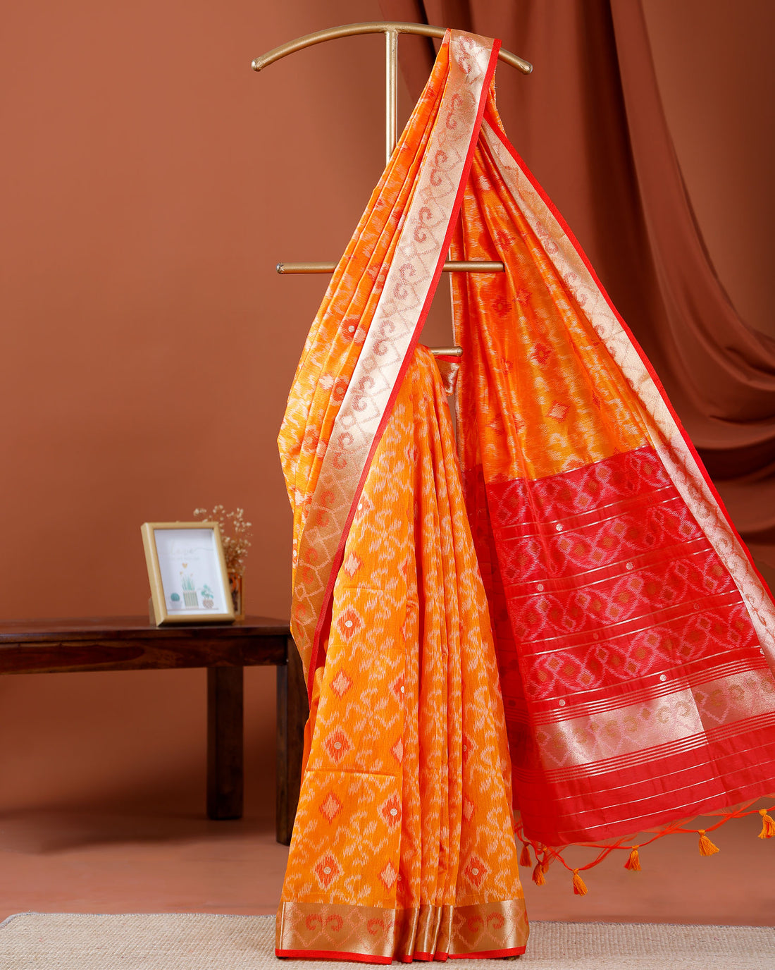 Elegant Ikkat Woven Semi Silk Saree  with Traditional Zari Border & Pallu - Orange