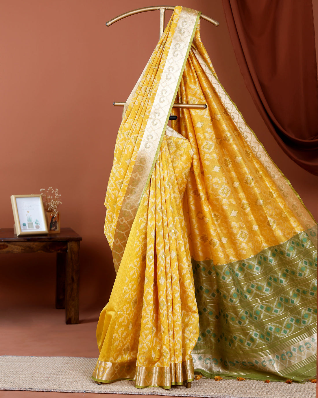 Elegant  Ikkat Woven Semi Silk Saree  with Traditional Zari Border & Pallu - Yellow